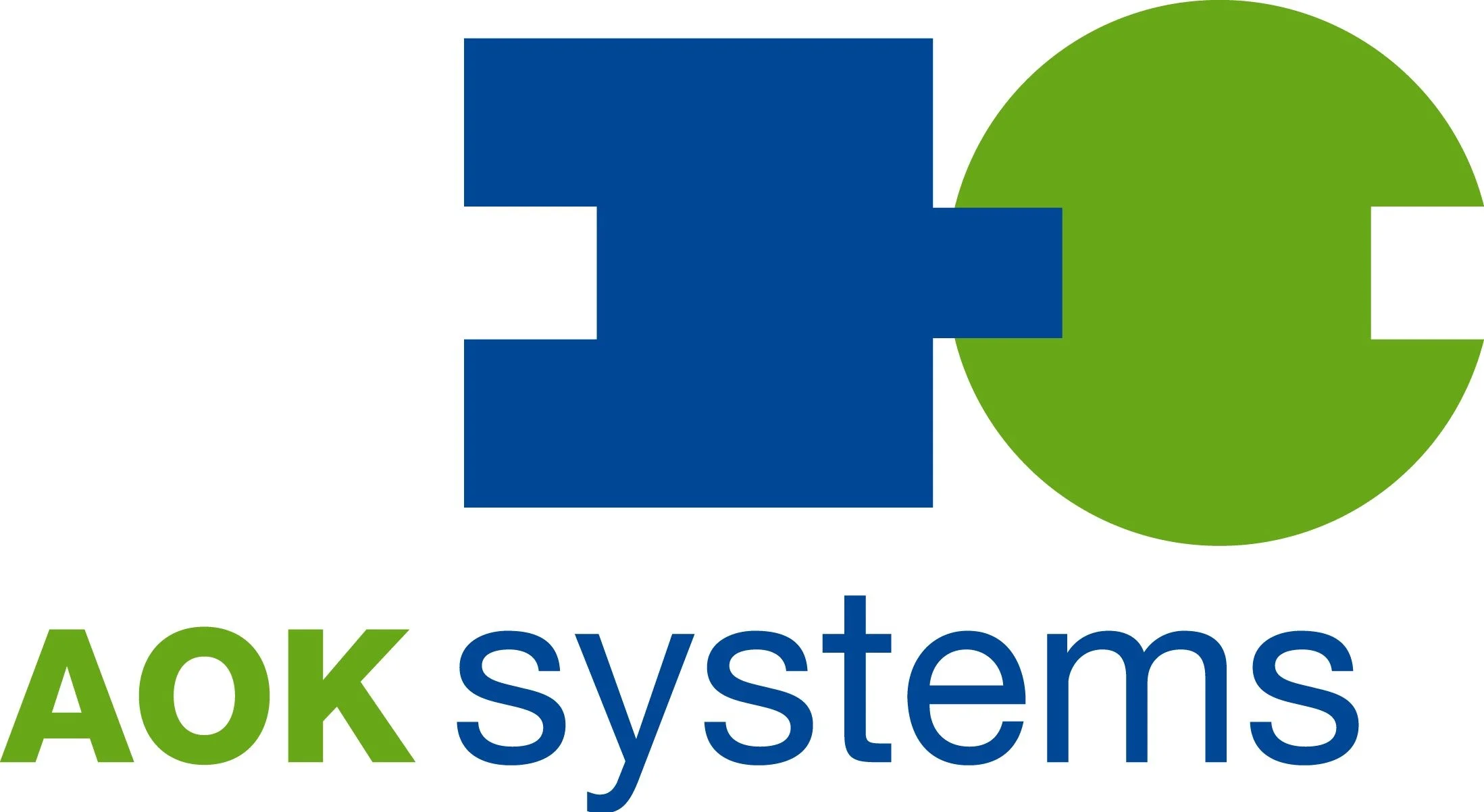 Das Logo von AOK systems, besteht aus einem blauen Quadrat, einem grünen Kreis und dem Text 'AOK systems' in grüner und blauer Farbe.