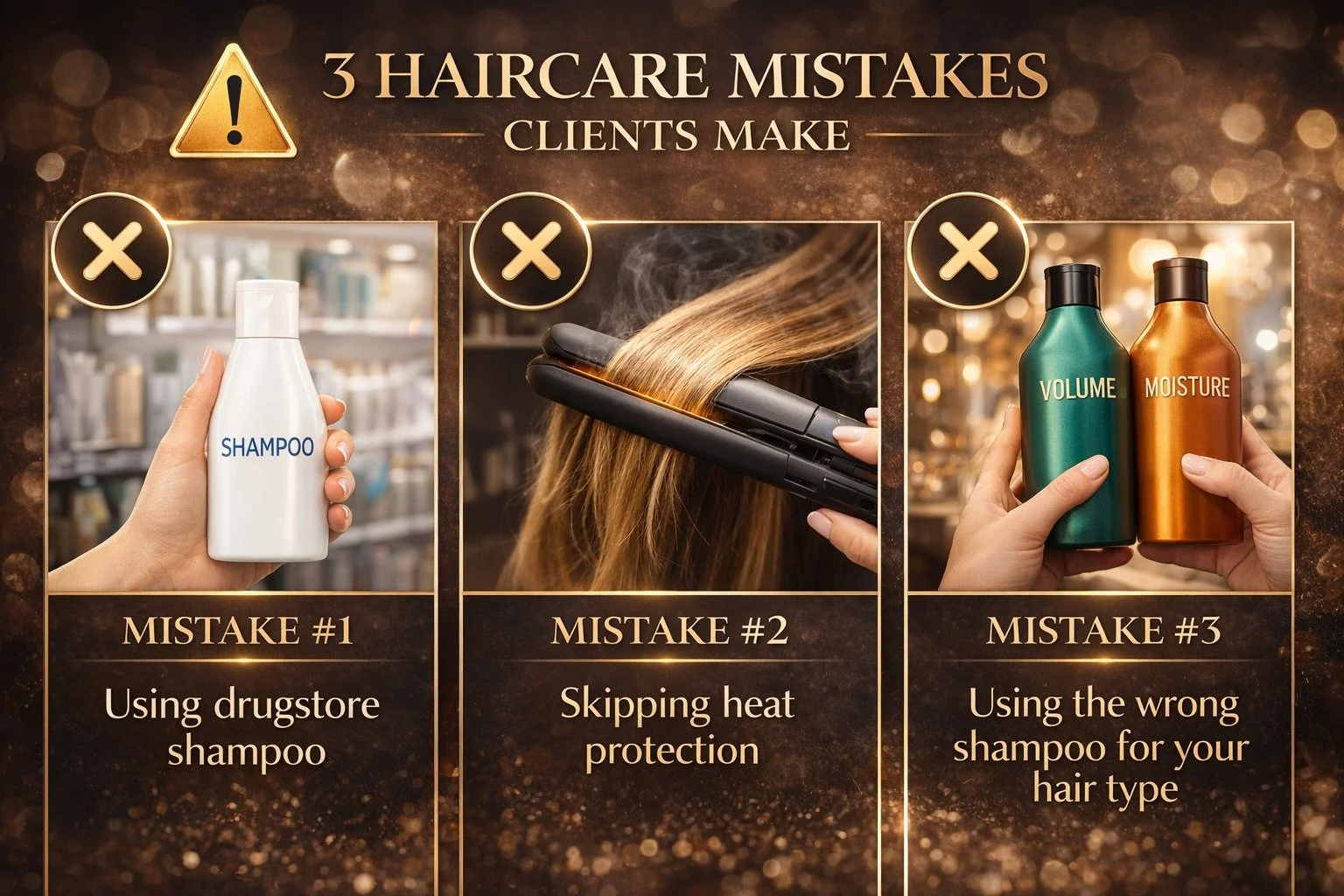 ⚠️ 3 haircare mistakes we see all the time

Even the best color won't last if your home routine is working against you.

Mistake #1 &mdash; Using drugstore shampoo
Many contain harsh sulfates that strip color and dry out your hair.

Mistake #2 &mdash