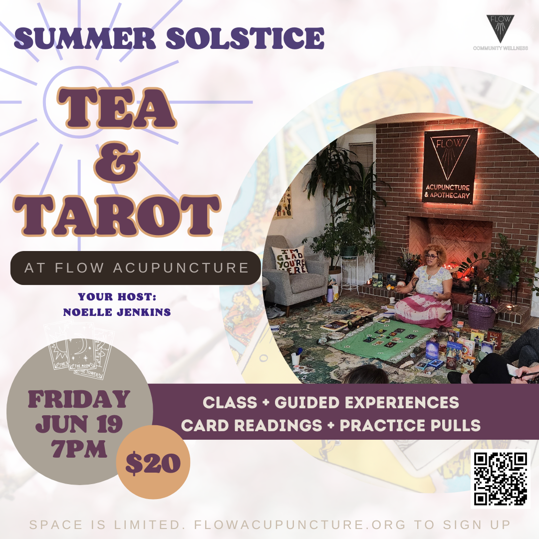 Event poster for 'Wisdom & Reflection' with a tarot card reading and tea event at Flow Acupuncture. Includes a photo of a woman seated in front of a fireplace surrounded by tarot cards, plants, and cozy decor.