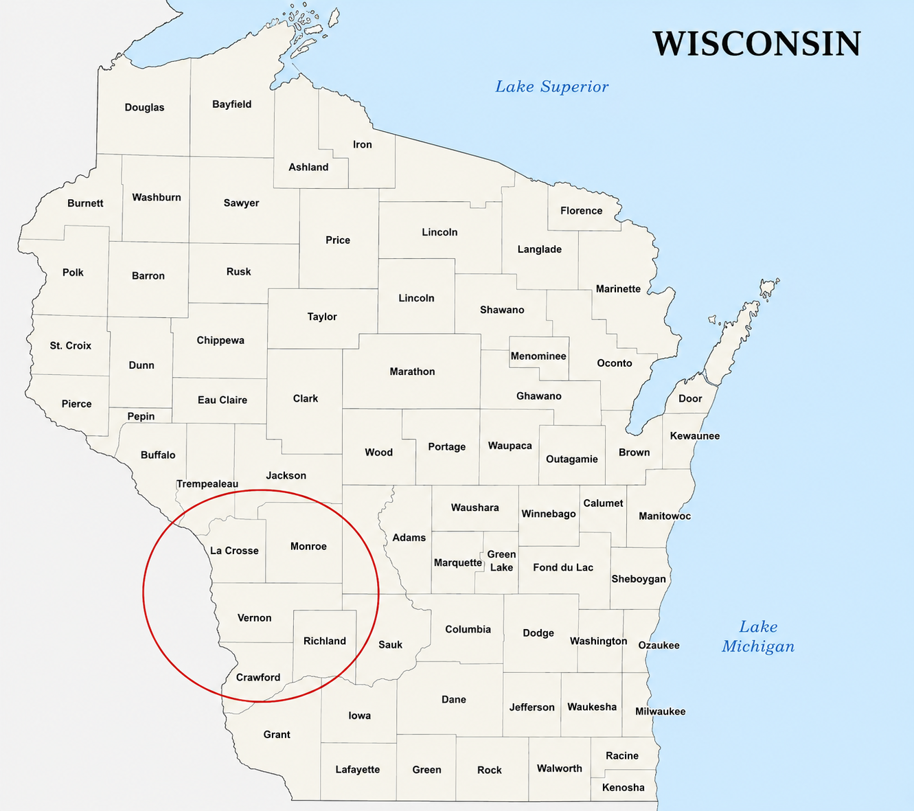 Map of Wisconsin showing counties, with a red circle around Crawford, Grant, Richland, Vernon, La Crosse, Monroe, Iowa, Sauk, and Crawford counties in the southwestern part of the state.