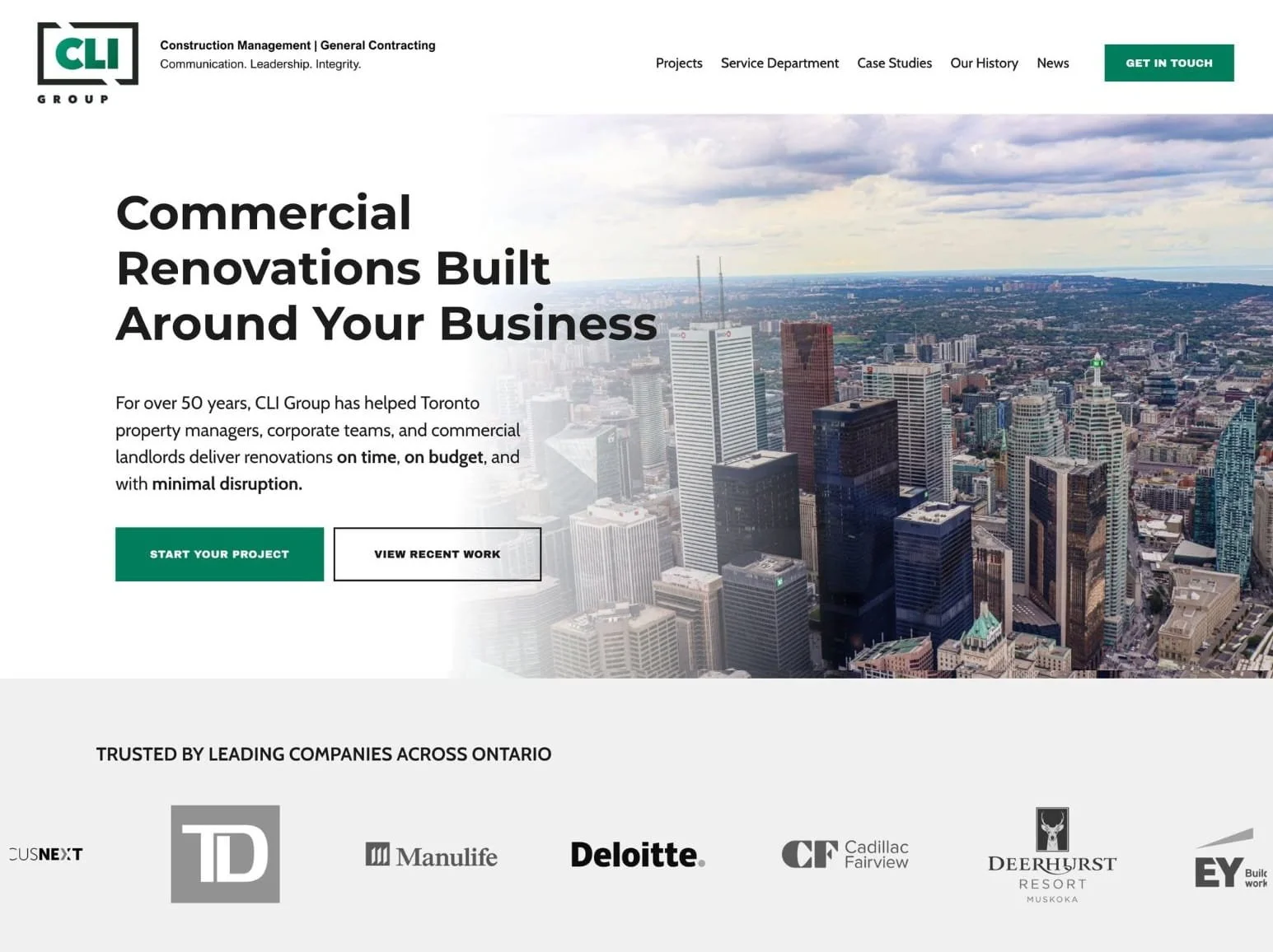 A screenshot of the homepage of website design client, CLI Group