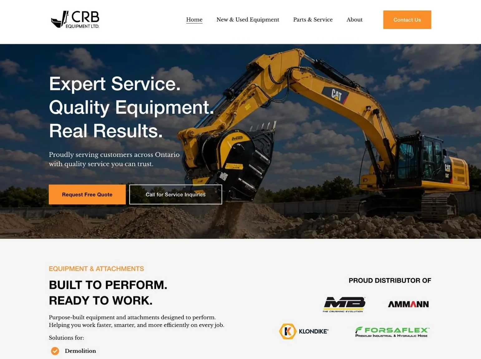 A screenshot of the homepage of website design client, CRB Equipment Ltd.