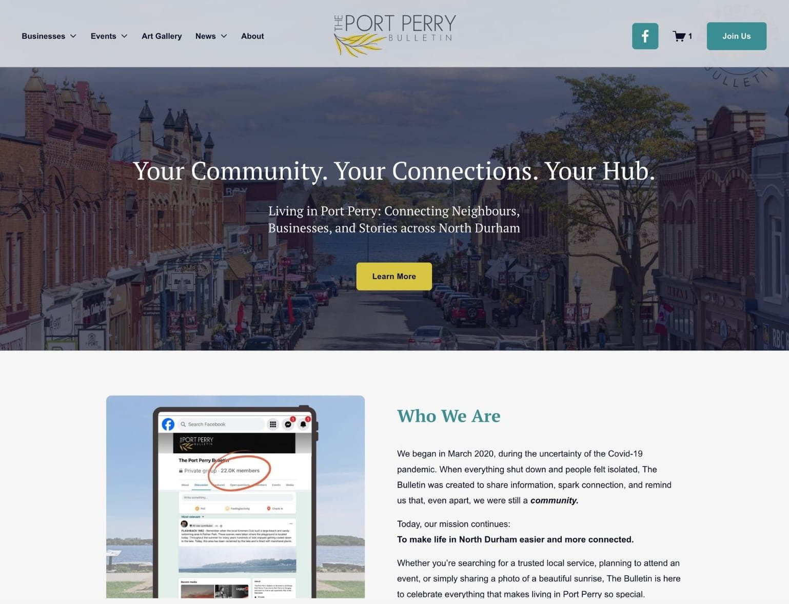 A screenshot of the homepage of website design client, The Port Perry Bulletin