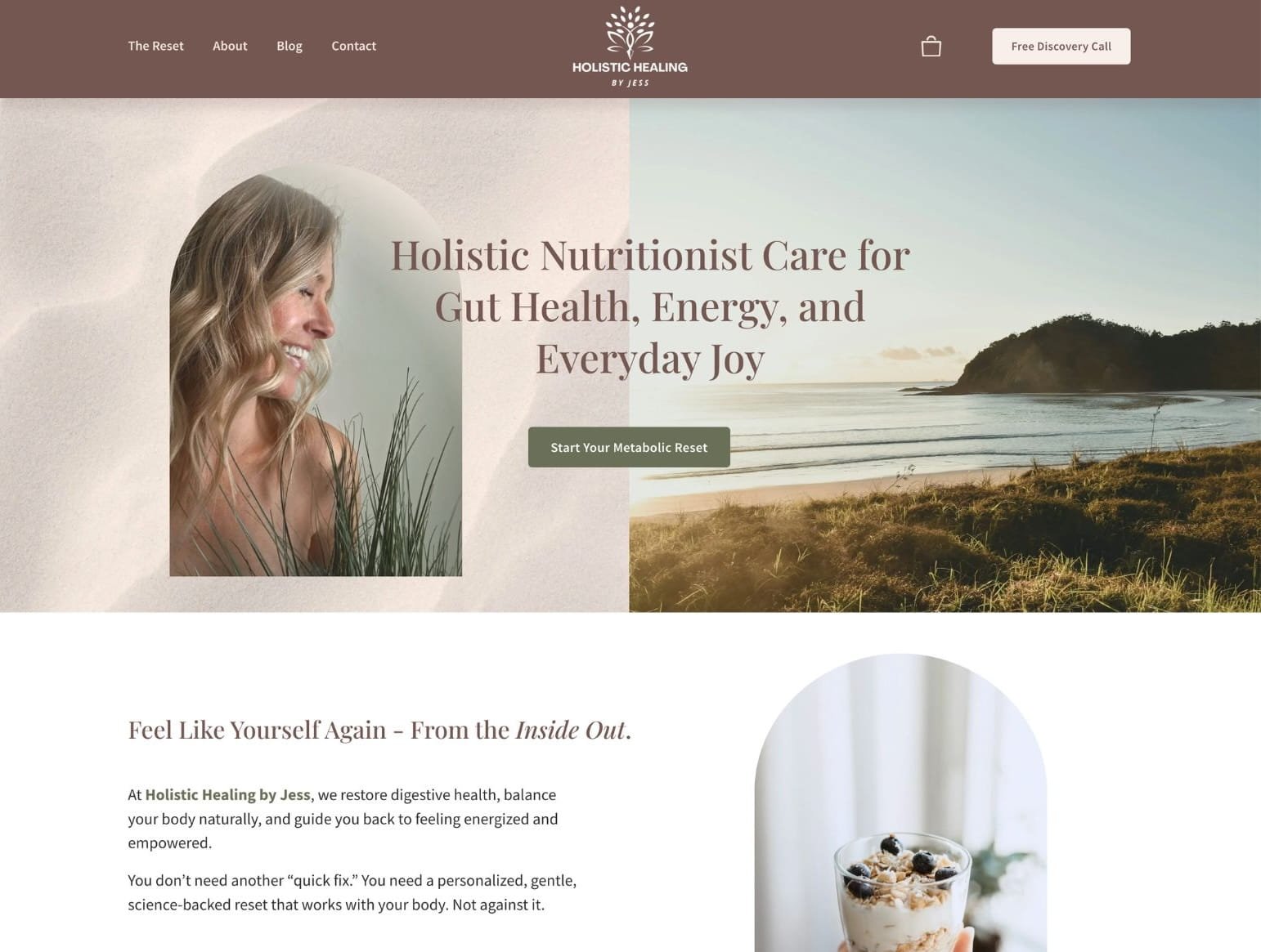 A screenshot of the homepage of website design client, Holistic Healing by Jess