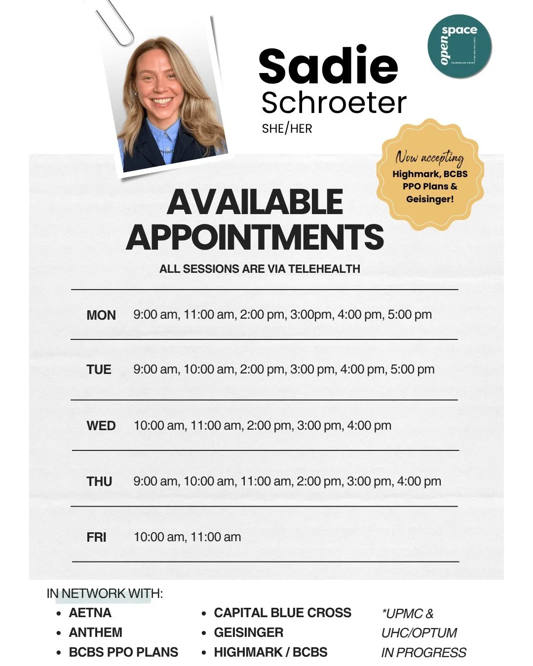 📣 We're excited to share that we have a few clinicians with ✨ 𝗶𝗺𝗺𝗲𝗱𝗶𝗮𝘁𝗲 𝗮𝘃𝗮𝗶𝗹𝗮𝗯𝗶𝗹𝗶𝘁𝘆 ✨ who are now able to accept 𝗛𝗶𝗴𝗵𝗺𝗮𝗿𝗸 and 𝗕𝗖𝗕𝗦 𝗣𝗣𝗢 𝗣𝗹𝗮𝗻𝘀 (in addition to others)!

Take a moment to review our clinicians a