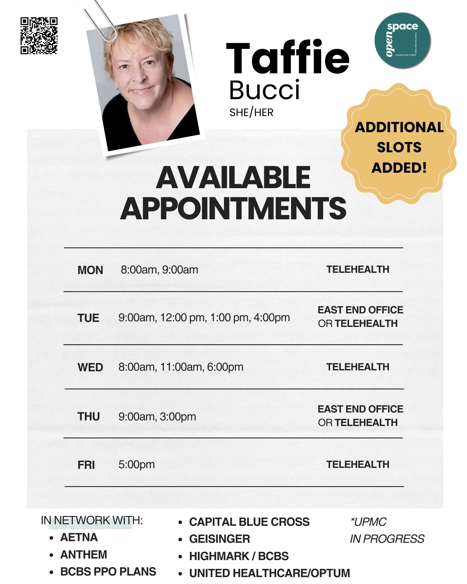 ✨ 𝗧𝗛𝗘𝗥𝗔𝗣𝗜𝗦𝗧 𝗦𝗣𝗢𝗧𝗟𝗜𝗚𝗛𝗧 ✨

🏳️&zwj;🌈 Meet 𝗧𝗮𝗳𝗳𝗶𝗲 (𝘀𝗵𝗲/𝗵𝗲𝗿), one of our skilled therapists here at Open Space!

🚨 Taffie has just added 𝗡𝗘𝗪 early morning and late afternoon/evening slots to 𝗲𝘅𝗽𝗮𝗻𝗱 𝗵𝗲𝗿 𝗮𝘃𝗮𝗶