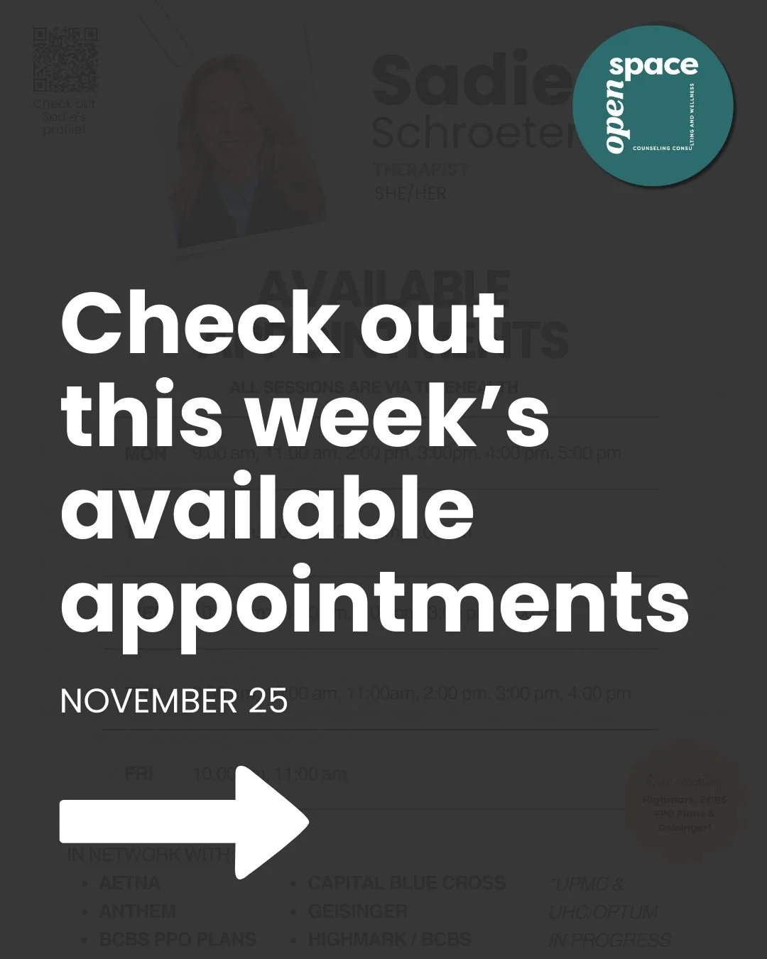 ✨ 𝗖𝘂𝗿𝗿𝗲𝗻𝘁 𝗔𝘃𝗮𝗶𝗹𝗮𝗯𝗶𝗹𝗶𝘁𝘆 ✨
Week of November 25th

🥳 𝗔𝗡𝗗 𝗕𝗜𝗚 𝗡𝗘𝗪𝗦! Our 𝗥𝗲𝗴𝗶𝘀𝘁𝗲𝗿𝗲𝗱 𝗗𝗶𝗲𝘁𝗶𝘁𝗶𝗮𝗻 𝗡𝘂𝘁𝗿𝗶𝘁𝗶𝗼𝗻𝗶𝘀𝘁, Sarah Rice, MHA, RDN, LDN is NOW scheduling! 🤸&zwj;♀️

..............................