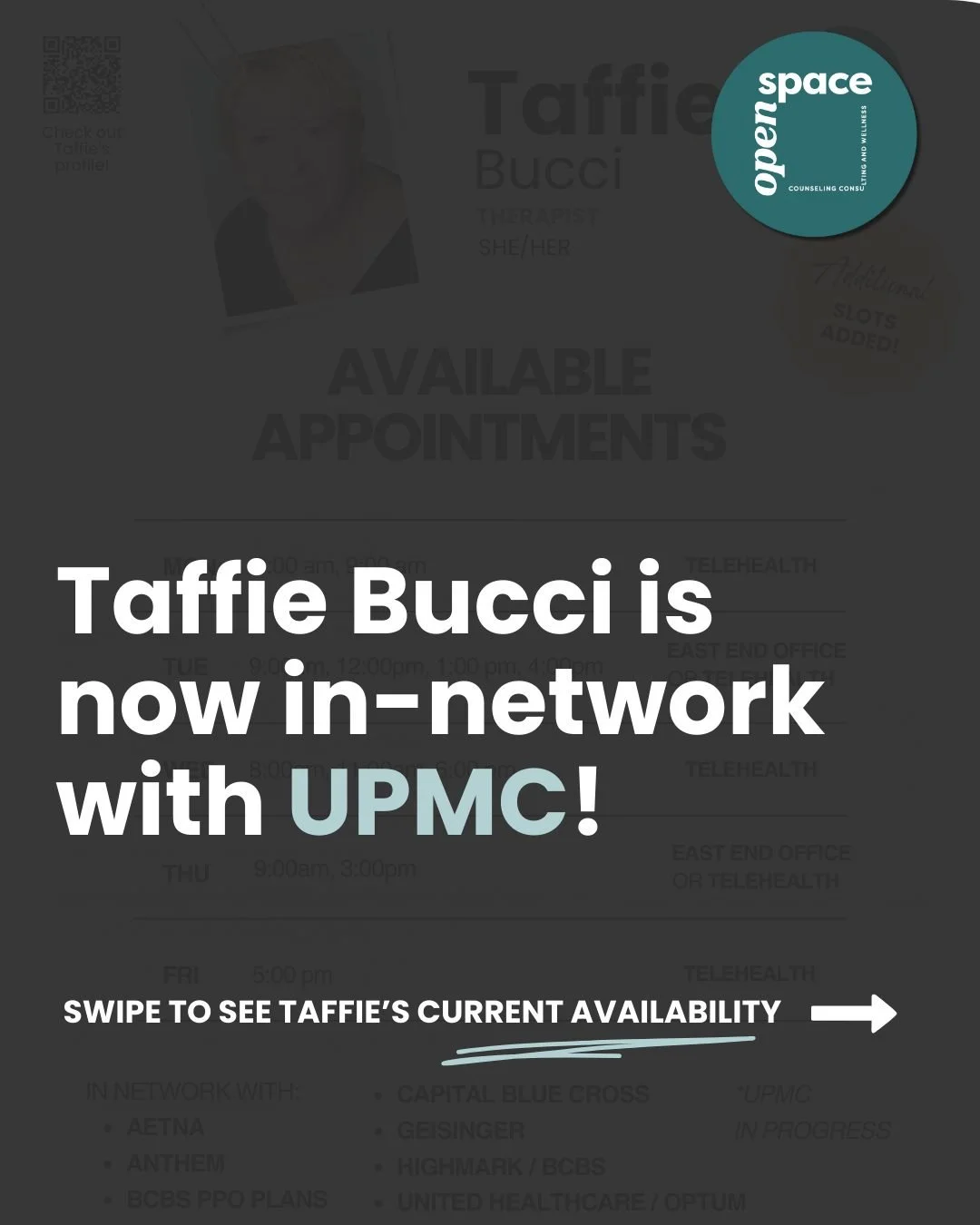 🌟 Excited to share that 𝗧𝗮𝗳𝗳𝗶𝗲 𝗕𝘂𝗰𝗰𝗶 𝗶𝘀 𝗻𝗼𝘄 𝗶𝗻-𝗻𝗲𝘁𝘄𝗼𝗿𝗸 𝘄𝗶𝘁𝗵 𝗨𝗣𝗠𝗖! 🌟

Taffie sees clients both in-person at our 🏢 East End (Shadyside) office and via 💻 Telehealth. 𝗦𝘄𝗶𝗽𝗲 ➡ 𝗳𝗼𝗿 𝗵𝗲𝗿 𝗰𝘂𝗿𝗿𝗲𝗻𝘁 𝗮𝘃𝗮𝗶