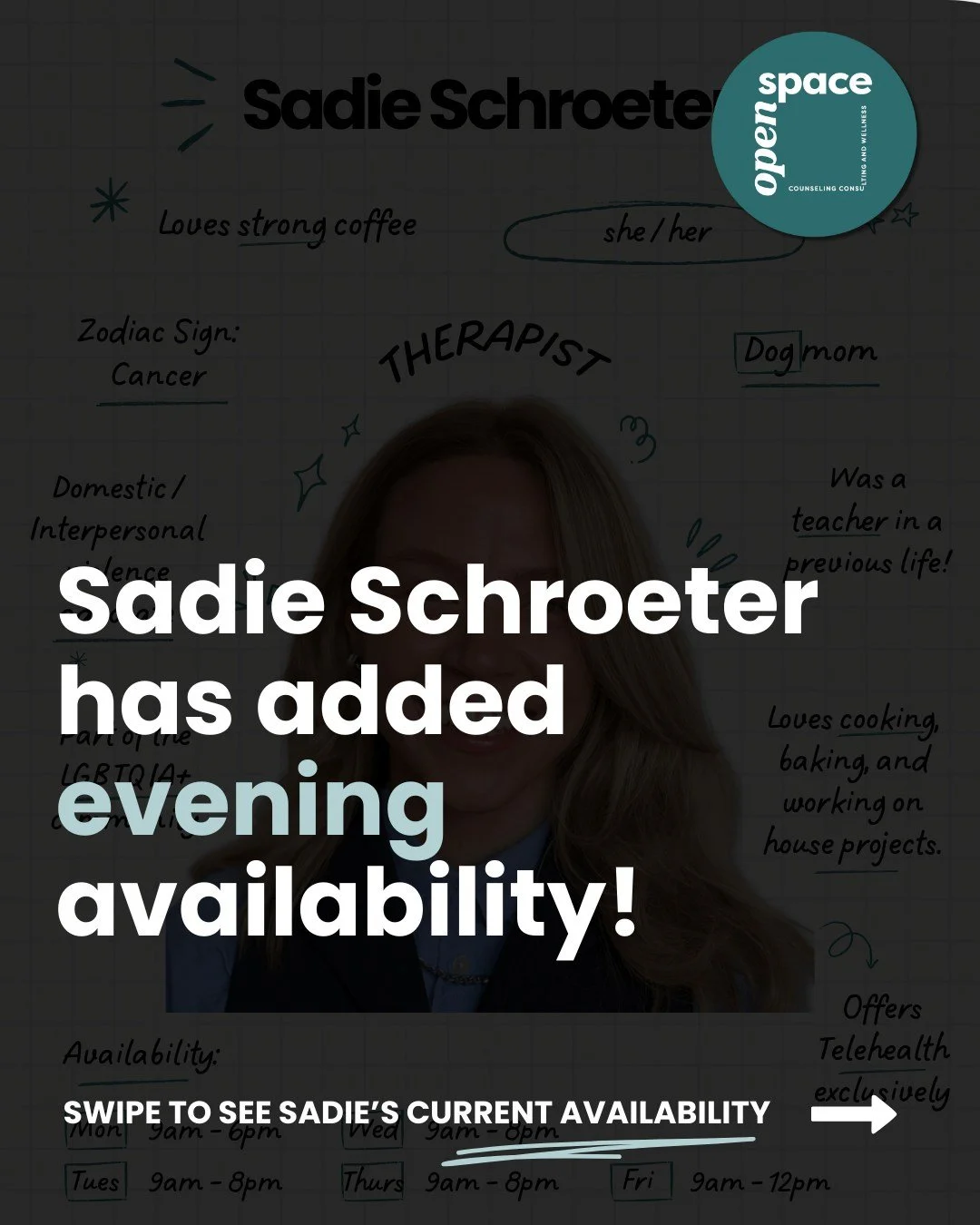 ✨ 𝗧𝗛𝗘𝗥𝗔𝗣𝗜𝗦𝗧 𝗦𝗣𝗢𝗧𝗟𝗜𝗚𝗛𝗧 ✨

🏳️&zwj;🌈 Meet 𝗦𝗮𝗱𝗶𝗲 (𝘀𝗵𝗲/𝗵𝗲𝗿), one of our incredible therapists here at Open Space!

🚨 Sadie has just added 𝗡𝗘𝗪 𝗘𝗩𝗘𝗡𝗜𝗡𝗚 slots to 𝗲𝘅𝗽𝗮𝗻𝗱 𝗵𝗲𝗿 𝗮𝘃𝗮𝗶𝗹𝗮𝗯𝗶𝗹𝗶𝘁𝘆! Grab 'em