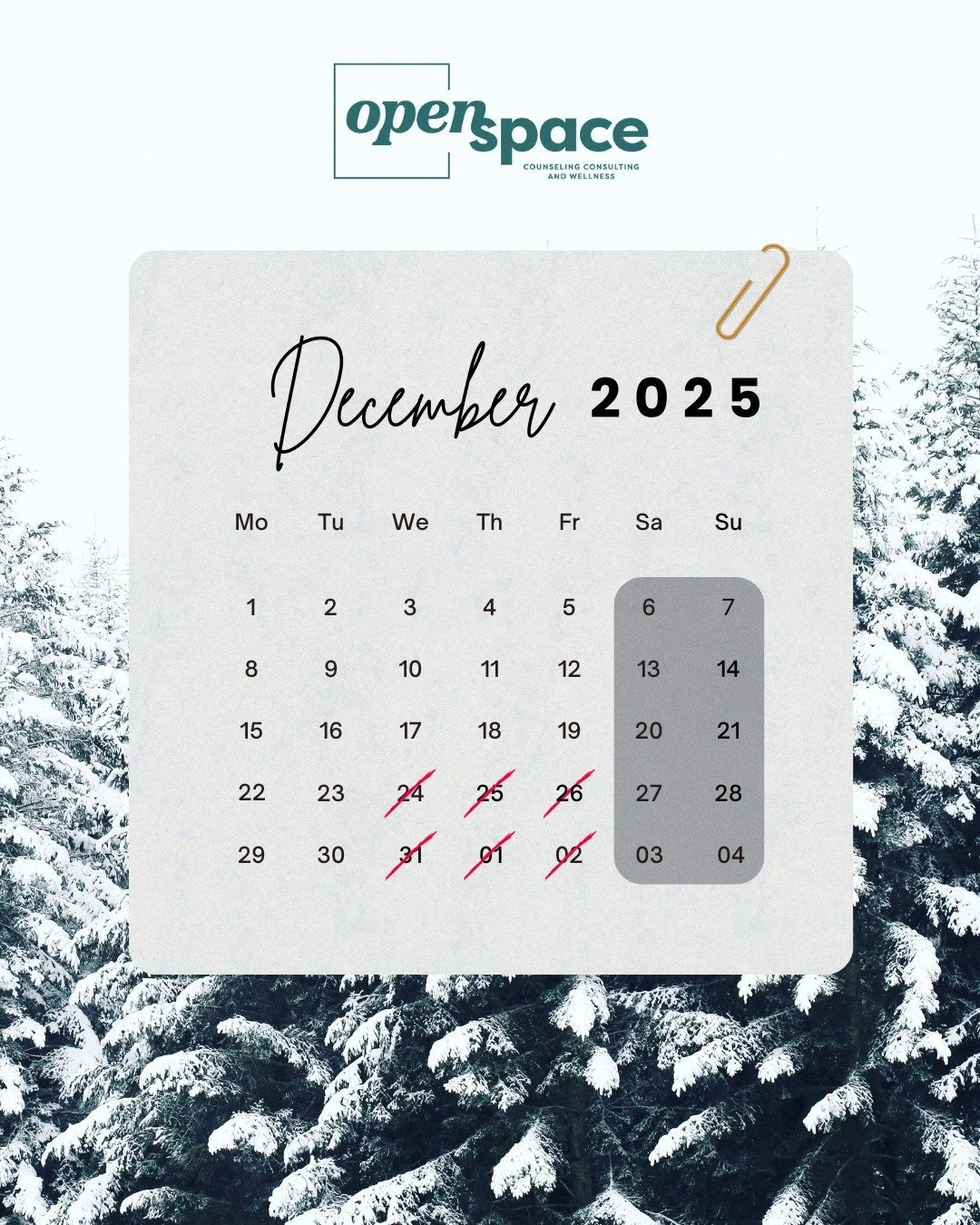 December/New Years admin schedule drop 🔥.

Red 🔴 = our admin team is out (no responses to scheduling/intake emails--intakes can still be scheduled for a few of these days though!). Some providers are still seeing current clients as well--check with