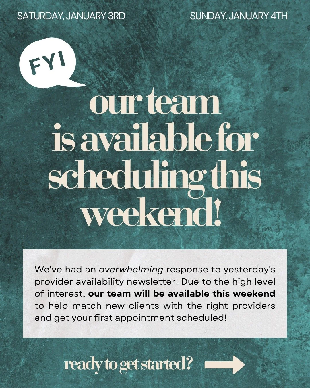 ✨ January is always historically our busiest intake month &ndash; and this year is no exception. ✨

👉 If you've been thinking about starting therapy as part of your 2026 goals, now's the time.

Due to high demand following yesterday's provider avail