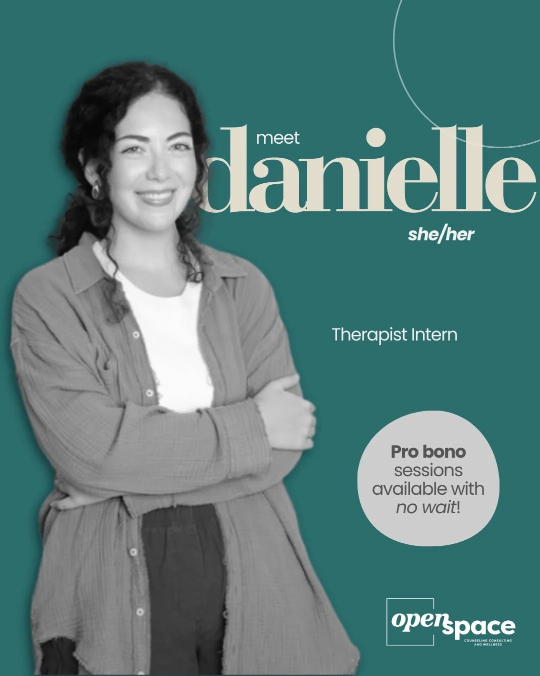 ✨ 𝗧𝗛𝗘𝗥𝗔𝗣𝗜𝗦𝗧 𝗦𝗣𝗢𝗧𝗟𝗜𝗚𝗛𝗧 ✨

🏳️&zwj;🌈 Meet 𝗗𝗮𝗻𝗶𝗲𝗹𝗹𝗲 (𝘀𝗵𝗲/𝗵𝗲𝗿), our amazing Therapist Intern here at Open Space! 🏳️&zwj;⚧️

➡  Danielle is offering sessions at a 𝗹𝗼𝘄 𝘀𝗹𝗶𝗱𝗶𝗻𝗴 𝘀𝗰𝗮𝗹𝗲 rate (up to $40/session, 