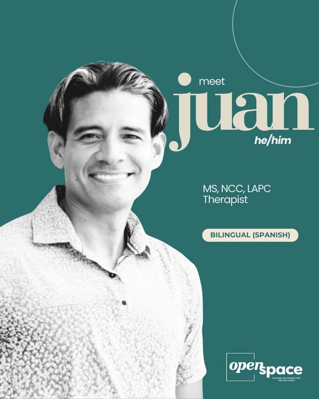 ✨ 𝗧𝗛𝗘𝗥𝗔𝗣𝗜𝗦𝗧 𝗦𝗣𝗢𝗧𝗟𝗜𝗚𝗛𝗧 ✨

🏳️&zwj;🌈 Meet 𝗝𝘂𝗮𝗻 (𝗵𝗲/𝗵𝗶𝗺), one of our amazing Therapists here at Open Space! 🏳️&zwj;⚧️

🙌 Juan is 𝗯𝗶𝗹𝗶𝗻𝗴𝘂𝗮𝗹 (Spanish), and can conduct therapy in 𝗯𝗼𝘁𝗵 𝗦𝗽𝗮𝗻𝗶𝘀𝗵 𝗮𝗻𝗱 𝗘𝗻𝗴