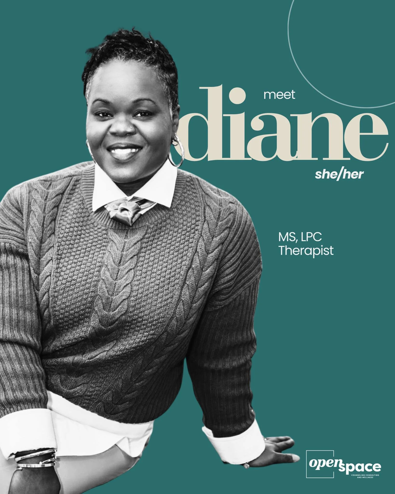 ✨ 𝗧𝗛𝗘𝗥𝗔𝗣𝗜𝗦𝗧 𝗦𝗣𝗢𝗧𝗟𝗜𝗚𝗛𝗧 ✨

🏳️&zwj;🌈 Meet 𝗗𝗶𝗮𝗻𝗲 (𝘀𝗵𝗲/𝗵𝗲𝗿), one of our new Therapists here at Open Space! 🏳️&zwj;⚧️

✨ Her schedule is 𝗡𝗢𝗪 𝗢𝗣𝗘𝗡! Including some evening and weekend spots! 🙌

➡  Diane sees adolescent