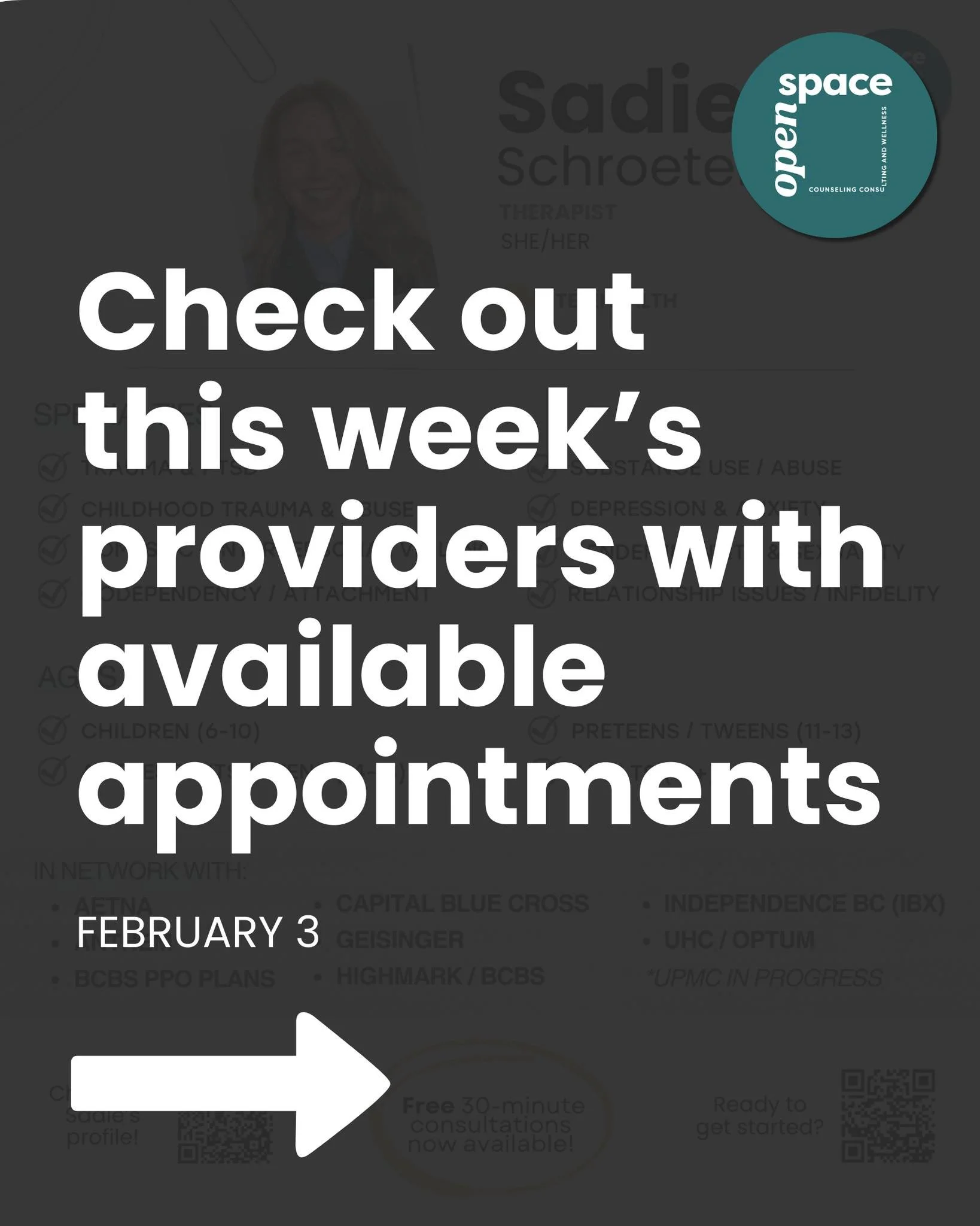 ✨ Current provider availability! ✨

Our 𝘀𝘁𝗿𝗲𝗮𝗺𝗹𝗶𝗻𝗲𝗱 𝗶𝗻𝘁𝗮𝗸𝗲 𝗽𝗿𝗼𝗰𝗲𝘀𝘀 makes it easier and faster than ever to get scheduled! 🙌

𝗥𝗲𝗮𝗱𝘆 𝘁𝗼 𝗴𝗲𝘁 𝘀𝘁𝗮𝗿𝘁𝗲𝗱?
👉  Head to: 💻 www.openspaceccw.com/getstarted
(𝘖𝘳 𝘤𝘭𝘪?