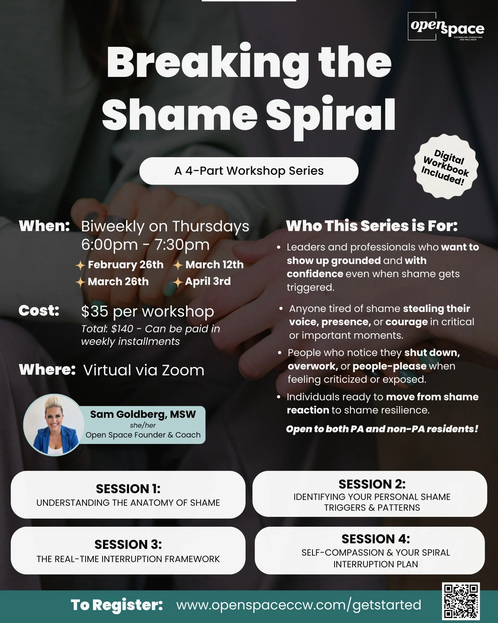 📣 𝗡𝗘𝗪 𝗪𝗢𝗥𝗞𝗦𝗛𝗢𝗣 𝗔𝗟𝗘𝗥𝗧! 📣

👇 👇 👇

🟣  𝗕𝗿𝗲𝗮𝗸𝗶𝗻𝗴 𝘁𝗵𝗲 𝗦𝗵𝗮𝗺𝗲 𝗦𝗽𝗶𝗿𝗮𝗹: 𝗔 𝟰-𝗪𝗲𝗲𝗸 𝗪𝗼𝗿𝗸𝘀𝗵𝗼𝗽 🟣
✨ 𝘉𝘦𝘨𝘪𝘯𝘴 𝘛𝘩𝘶𝘳𝘴𝘥𝘢𝘺, 𝘍𝘦𝘣𝘳𝘶𝘢𝘳𝘺 26𝘵𝘩!

That tightness in your chest. The heat rising to y