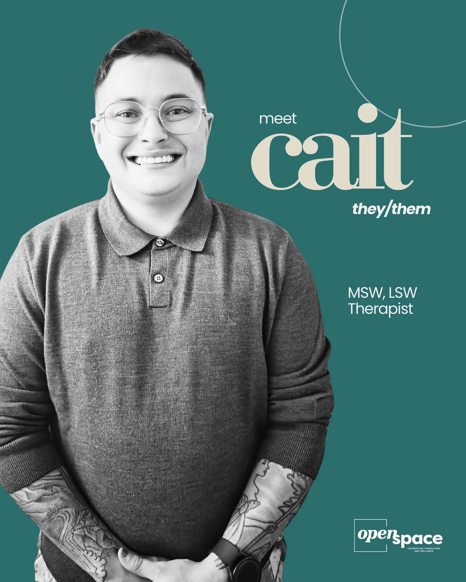 ✨ 𝗡𝗘𝗪 𝗧𝗛𝗘𝗥𝗔𝗣𝗜𝗦𝗧 𝗦𝗣𝗢𝗧𝗟𝗜𝗚𝗛𝗧 ✨

🏳️&zwj;🌈 Meet 𝗖𝗮𝗶𝘁 (𝘁𝗵𝗲𝘆/𝘁𝗵𝗲𝗺), one of our amazing new clinicians here at Open Space! 🏳️&zwj;⚧️

➡  Cait sees kids/teens (ages 11+) as well as adults.

➡  Able to accept: Anthem, BCBS P