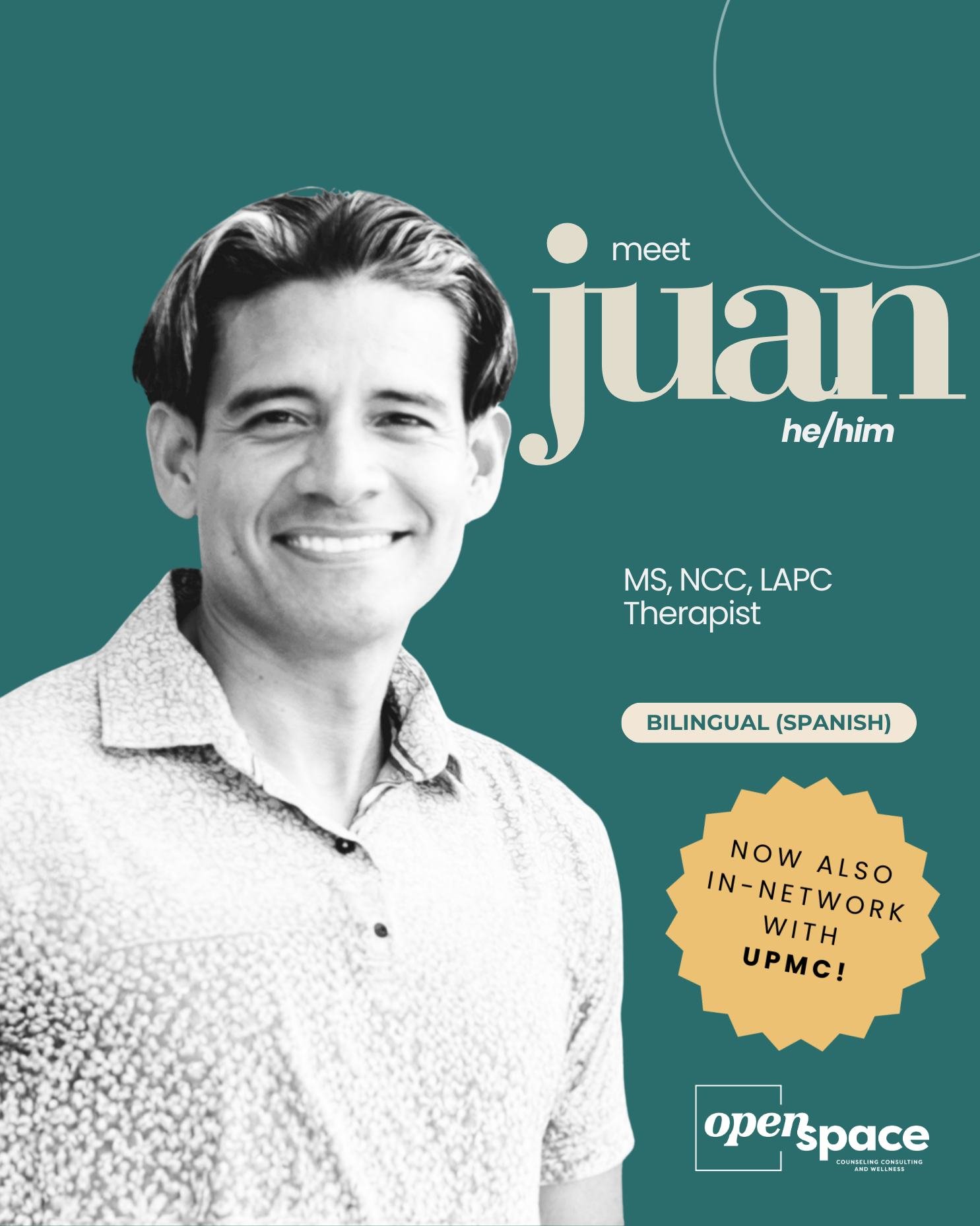 📣 ✨  𝗘𝗫𝗖𝗜𝗧𝗜𝗡𝗚 𝗡𝗘𝗪𝗦: Juan (he/him) is now 𝗶𝗻-𝗻𝗲𝘁𝘄𝗼𝗿𝗸 𝘄𝗶𝘁𝗵 𝗨𝗣𝗠𝗖! ✨📣

🙌 Juan is 𝗯𝗶𝗹𝗶𝗻𝗴𝘂𝗮𝗹 (Spanish), and can conduct therapy in 𝗯𝗼𝘁𝗵 𝗦𝗽𝗮𝗻𝗶𝘀𝗵 𝗮𝗻𝗱 𝗘𝗻𝗴𝗹𝗶𝘀𝗵.

➡  He currently has both daytime and