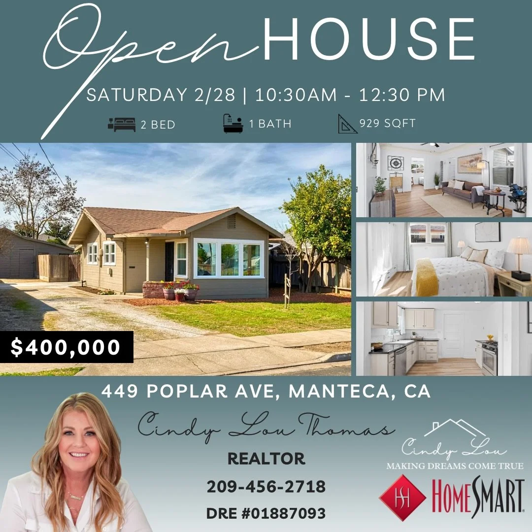 🚨 OPEN HOUSE TODAY 🚨
Come tour this adorable 2 bed &bull; 1 bath in Manteca 🏡✨

⏰ 10:30 AM &ndash; 12:30 PM
📍 449 Poplar Ave

Stop by, say hi, and fall in love 💛