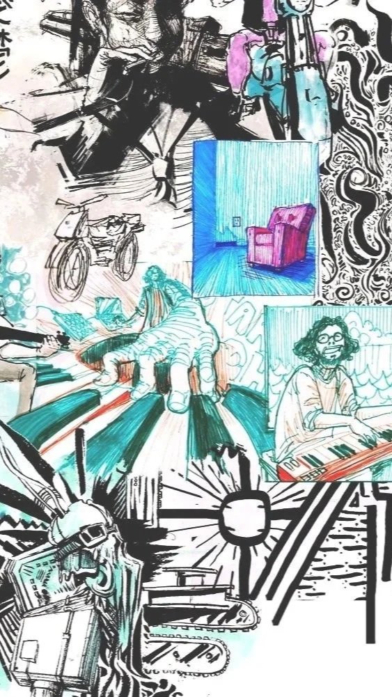 A collage of sketches depicting various scenes: a person playing a piano and singing into a microphone, a hand reaching for a book on a desk, a woman sitting at a keyboard, a purple armchair, a bike, and artistic black-and-white patterns.