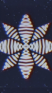 A symmetrical star-shaped object with glowing white and orange striped patterns, set against a starry night sky.