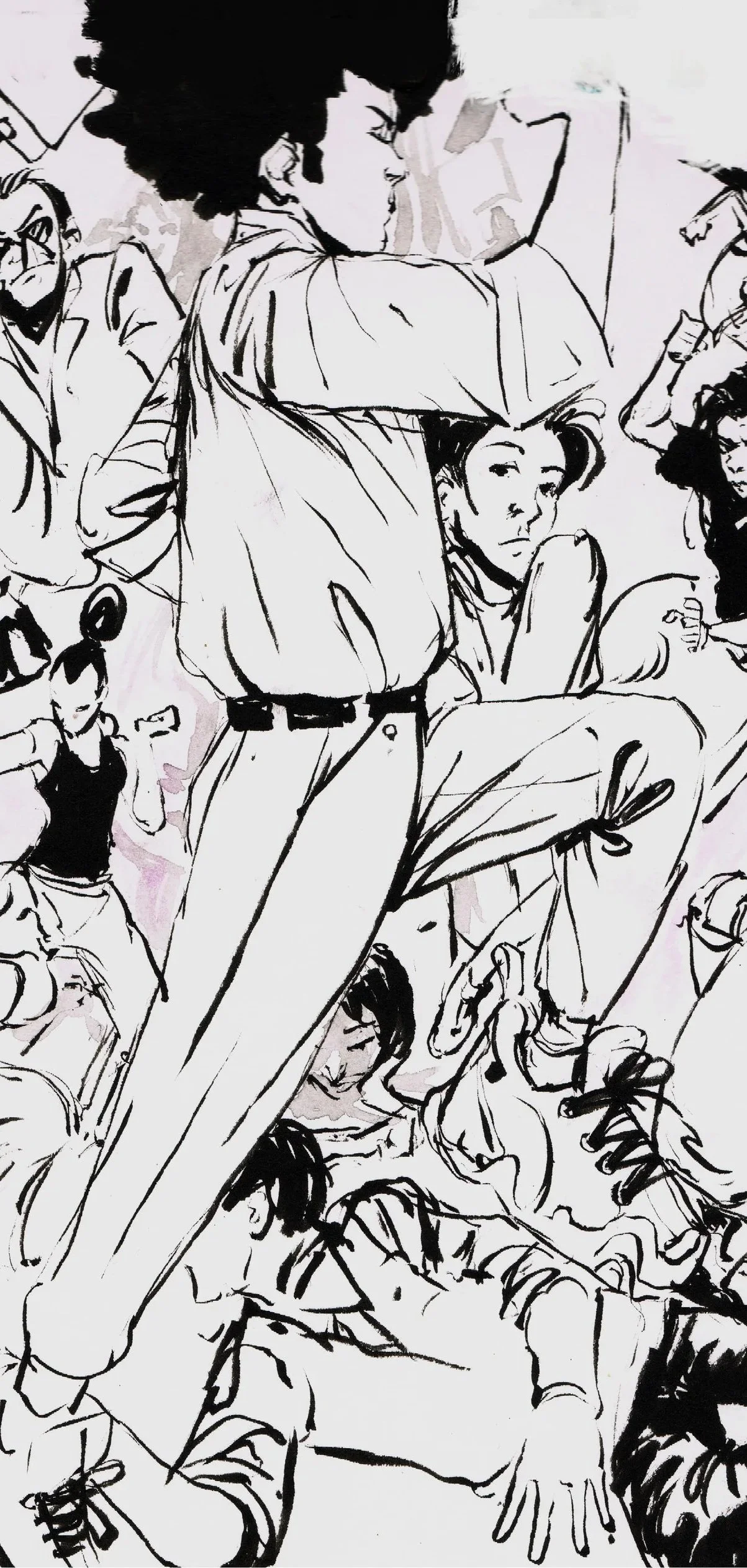 Black and white sketch of a group of young people, with one person in the center sitting and others standing or sitting around, some in casual clothing, with varied hairstyles and accessories, in a lively, animated scene.