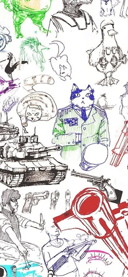 A collection of hand-drawn sketches of various characters and objects, including animals, a military tank, guns, and a person with cat features in uniform.