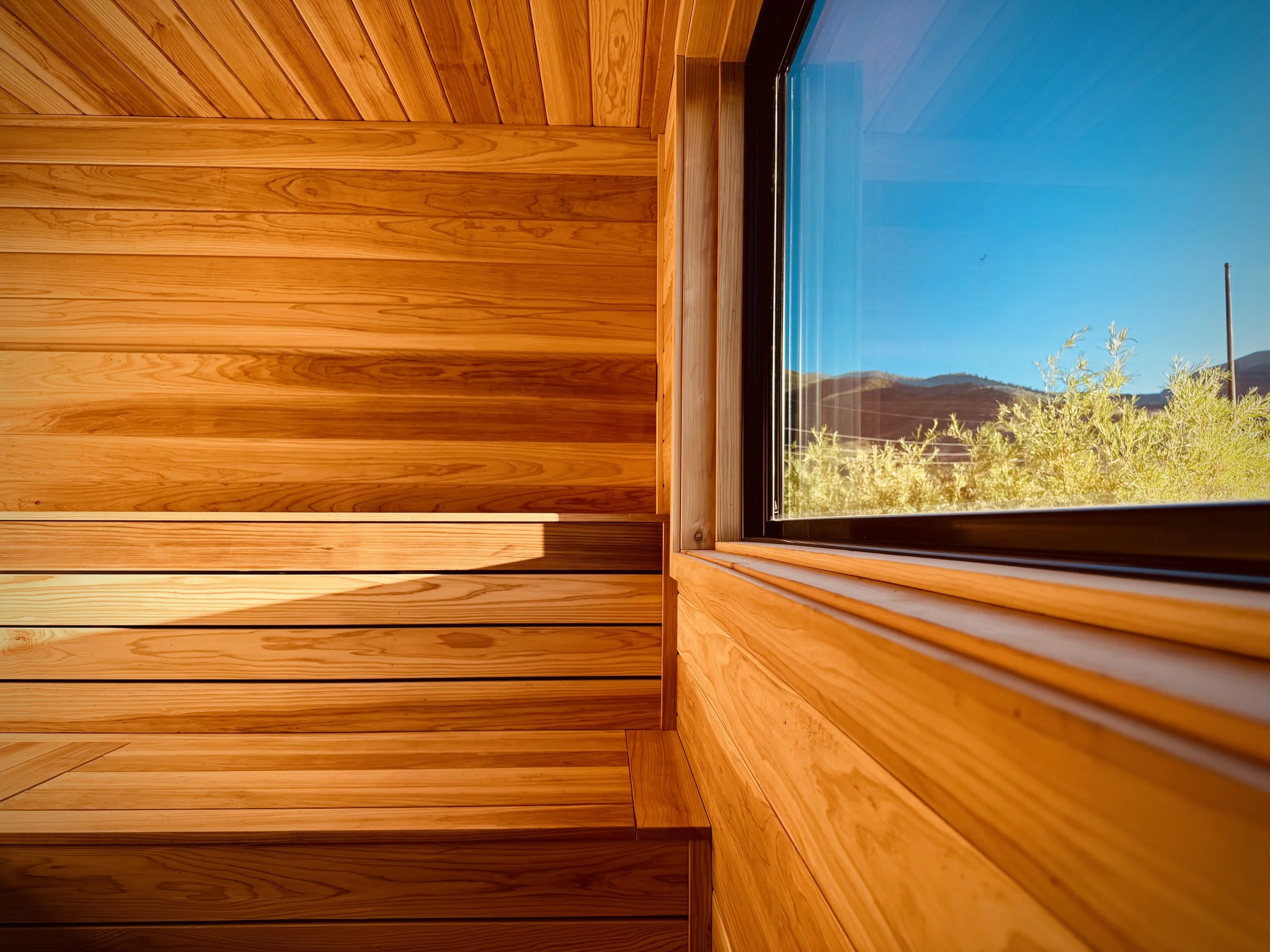 Interior view of a wooden room with horizontal wooden paneling on the ceiling and walls, and a large window showing a landscape with trees and mountains under a clear blue sky.