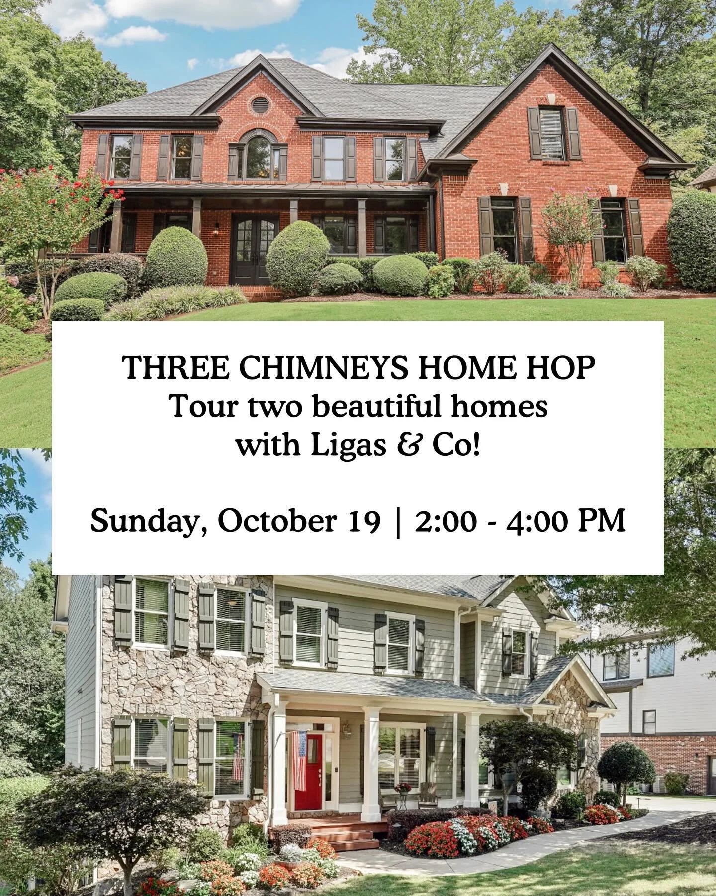 ✨ DOUBLE the charm, DOUBLE the fun!
This Sunday (10/19), Ligas & Co. is hosting two beautiful open houses in 𝐓𝐡𝐫𝐞𝐞 𝐂𝐡𝐢𝐦𝐧𝐞𝐲𝐬 𝐅𝐚𝐫𝐦 — & they’re just minutes apart!
🏠 𝟒𝟎𝟓𝟎 𝐇𝐨𝐦𝐞𝐬𝐭𝐞𝐚𝐝 𝐑𝐢𝐝𝐠𝐞 𝐃𝐫.
🏠