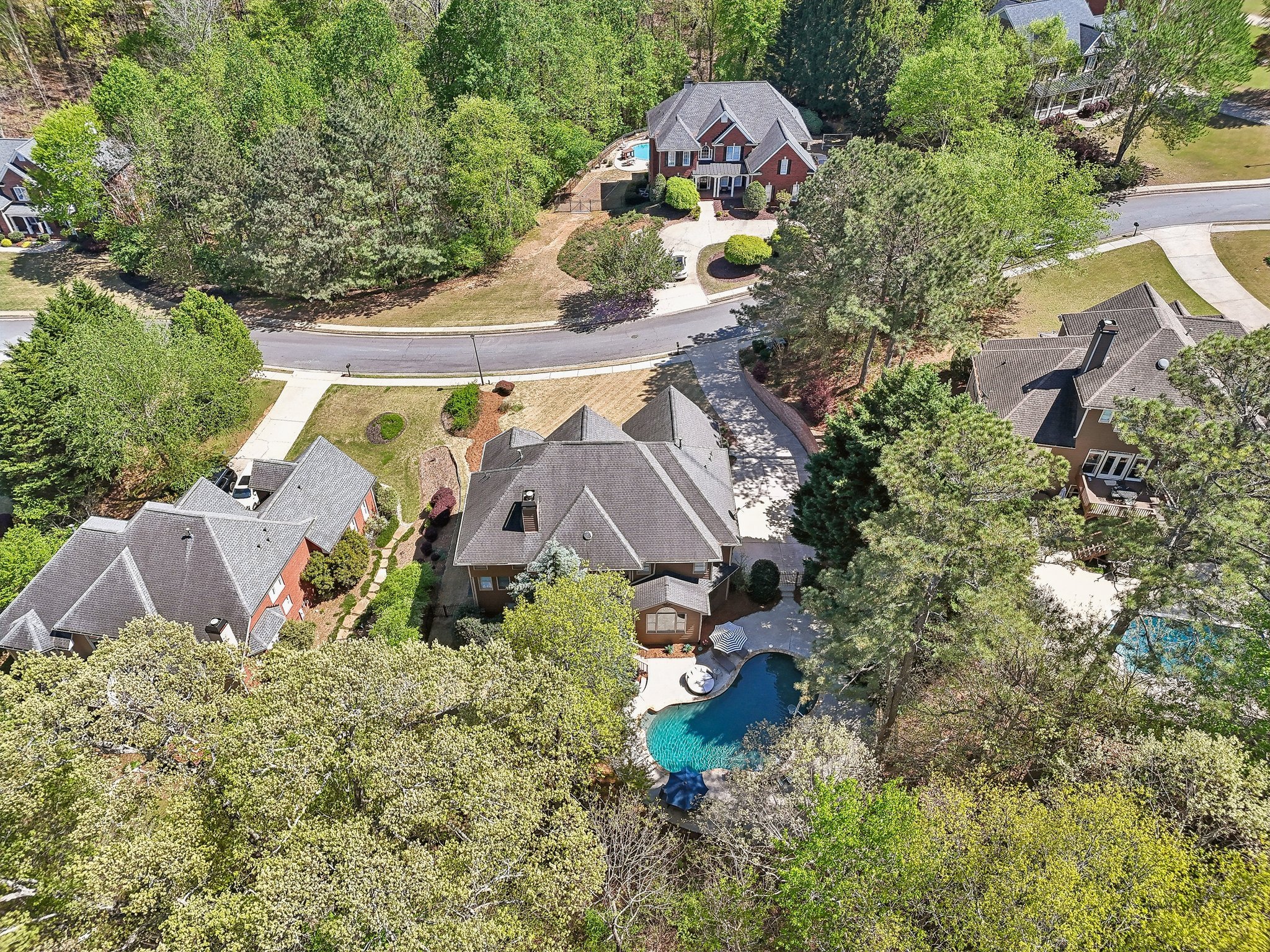 Aerial view of a suburban neighborhood with several houses, green trees, and a winding road. The image shows residential properties with well-maintained gardens and yards. One house has a visible backyard swimming pool.