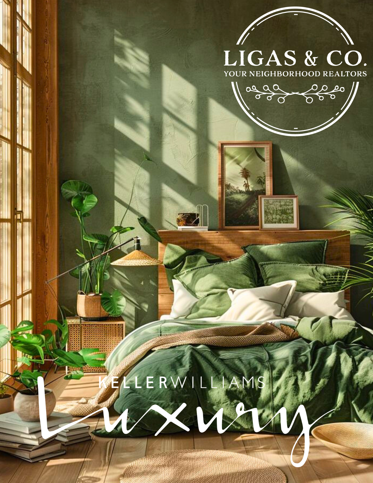 Cozy bedroom with green bedding, potted plants, and decorative elements. Logo for LIGAS & CO. Realtors and text 'Keller Williams Luxury' is displayed.