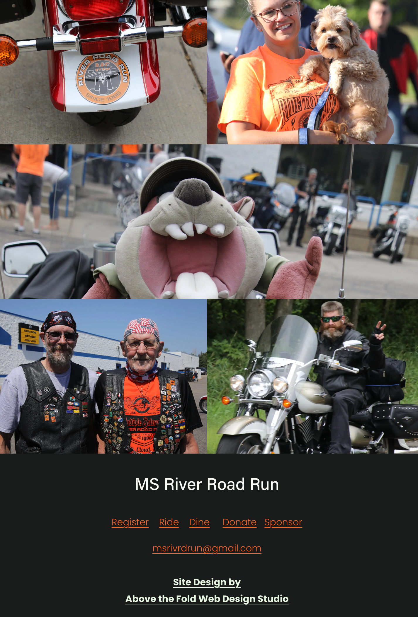 A collage of images related to the MS River Road Run event. The images include a close-up of a motorcycle with a logo, a woman holding a small dog wearing an orange event t-shirt, a person in a mascot costume with its mouth open, two men wearing biker vests with many patches, and a man on a motorcycle. The bottom of the image contains event information, registration, and contact details.