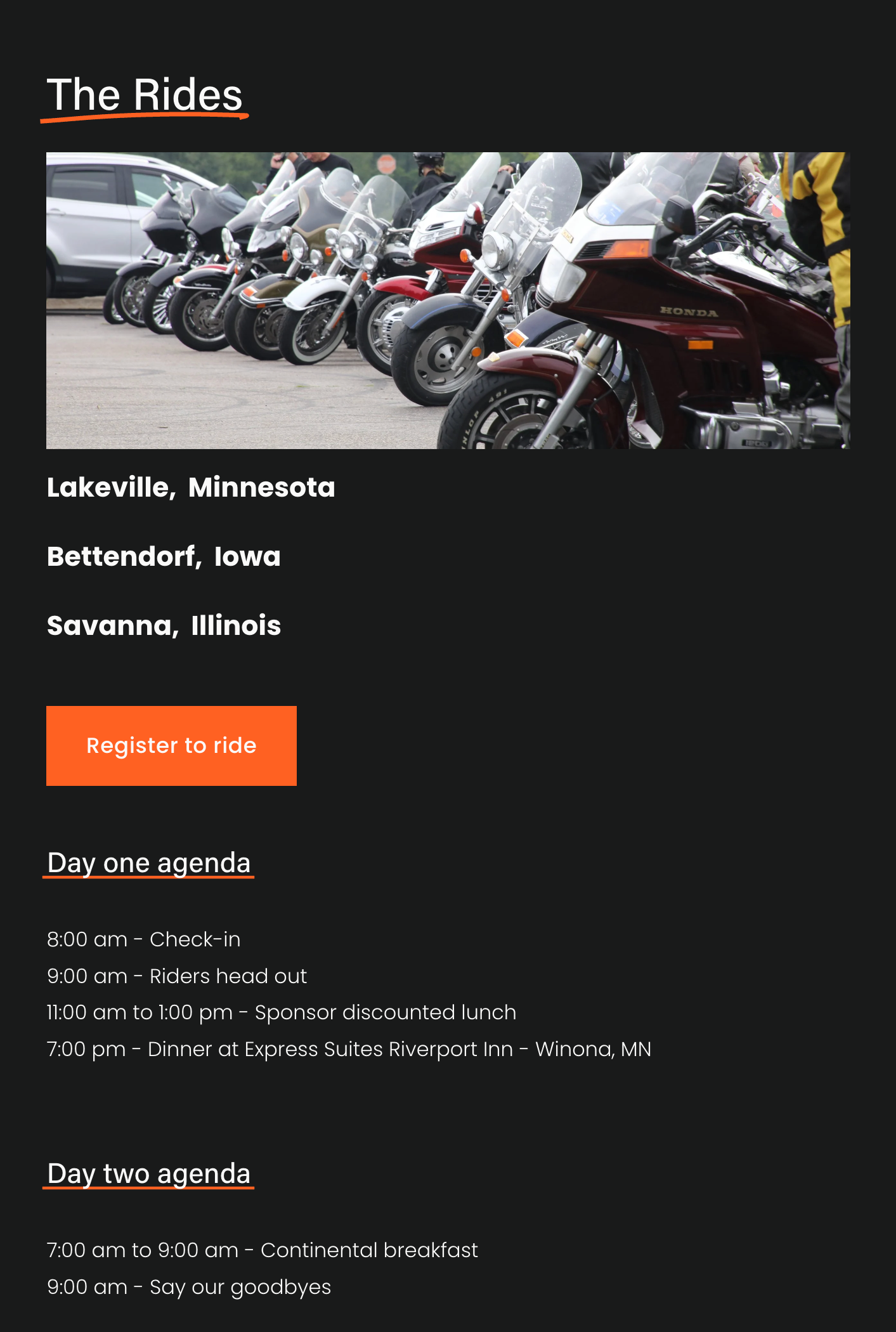 A schedule for a motorcycle riding event with a picture of multiple motorcycles parked in a row, and locations listed including Lakeville, Minnesota; Bettendorf, Iowa; and Savanna, Illinois.
