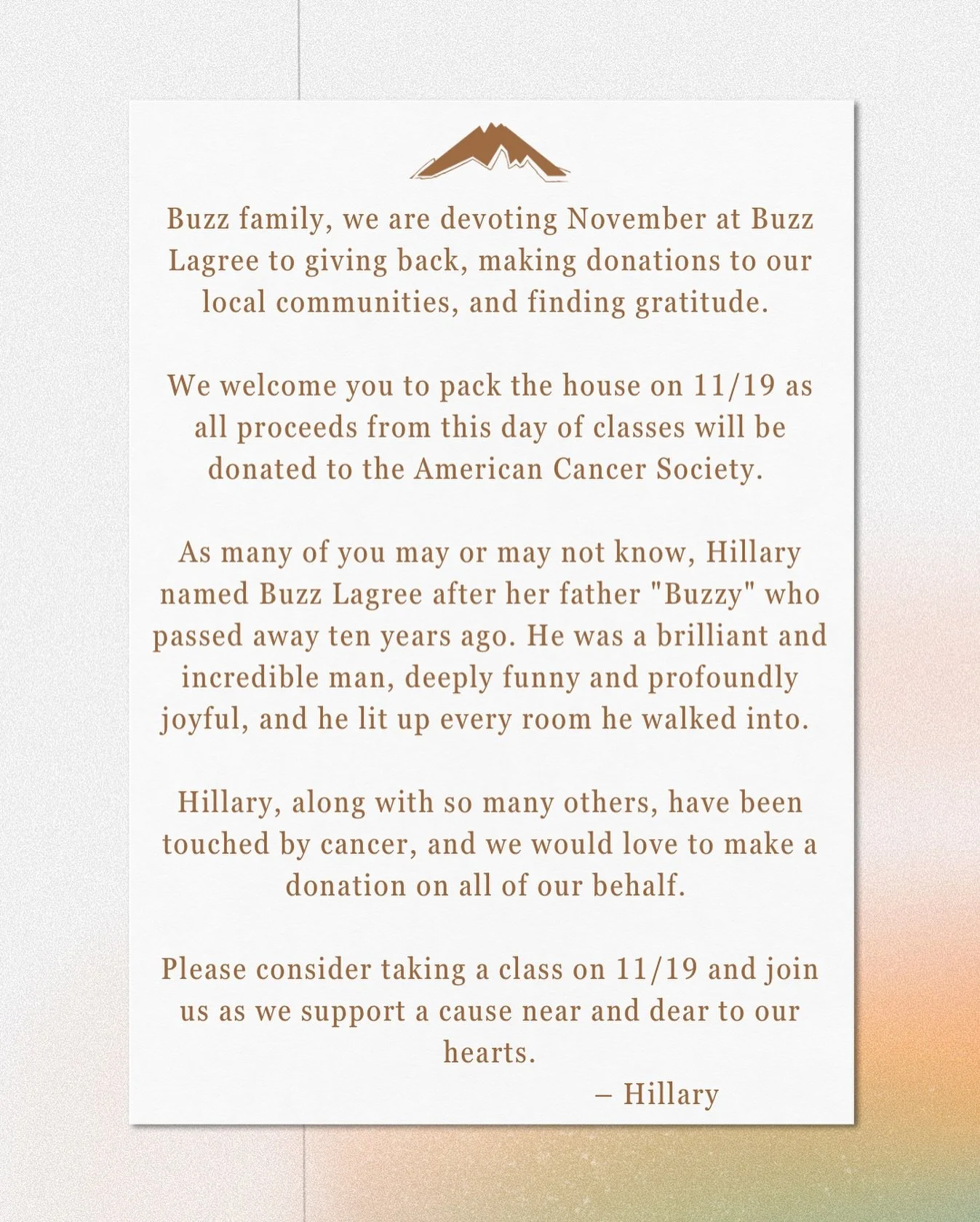 Why We Give Back 🤎
This Wednesday, November 19, all class proceeds will support the American Cancer Society in honor of everyone impacted by cancer. 

Join us, move with purpose, and help make an impact that extends far beyond the Mega! Let&rsquo;s 