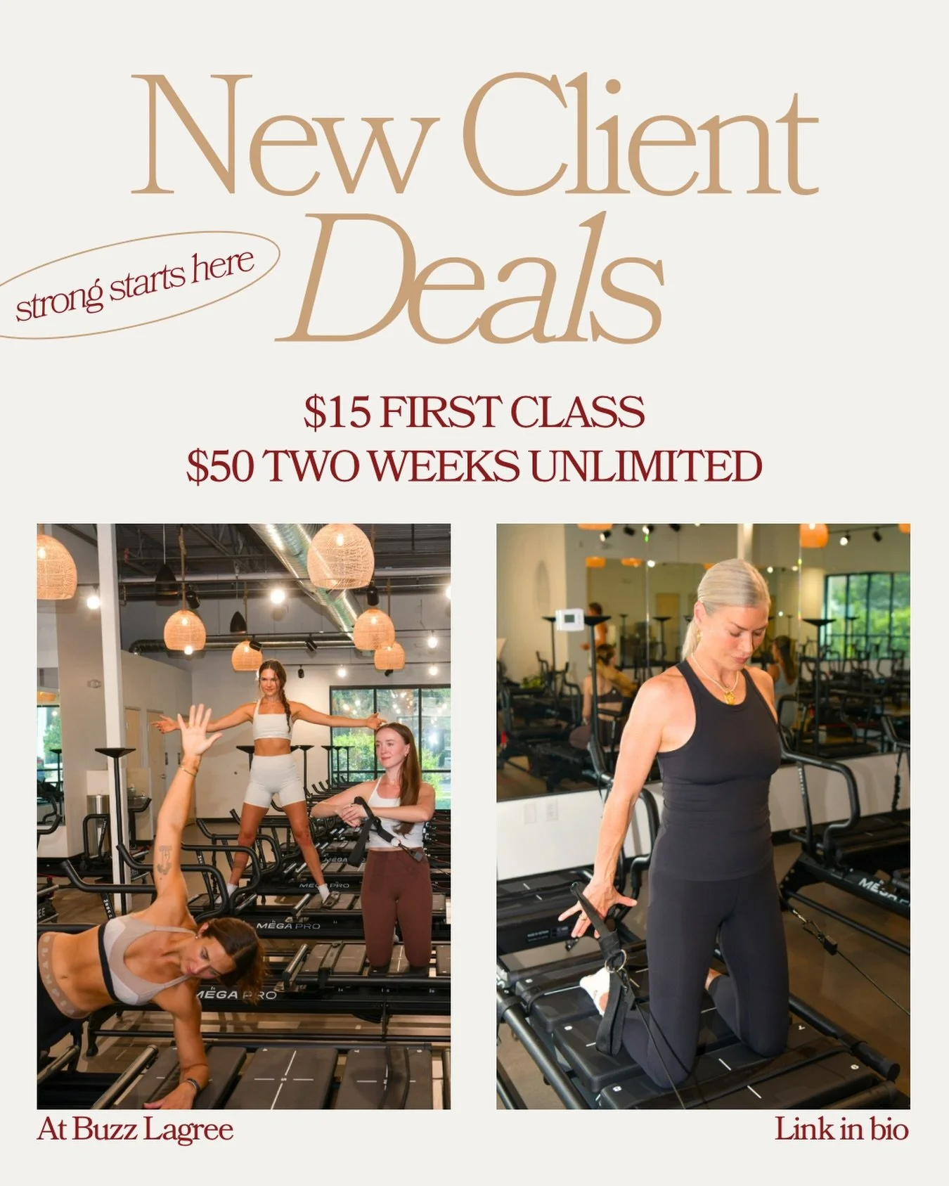 Ready to try Lagree?

We&rsquo;re welcoming new clients with two special offers:

⭐️ $15 for your first class
⭐️ $50 for two weeks unlimited

It&rsquo;s the perfect way to experience the strength, shake, and energy that makes Lagree so addictive.

Co