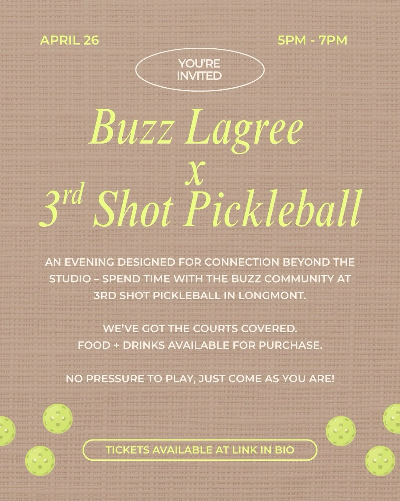 Buzz Lagree x @3rdshotpickleball.longmont 
We&rsquo;re taking the Buzz community outside the studio 💌

Join us at 3rd Shot Pickelball in Longmont on April 26 from 5PM - 7PM for an evening of movement, connection, and fun!

We covered the courts and 