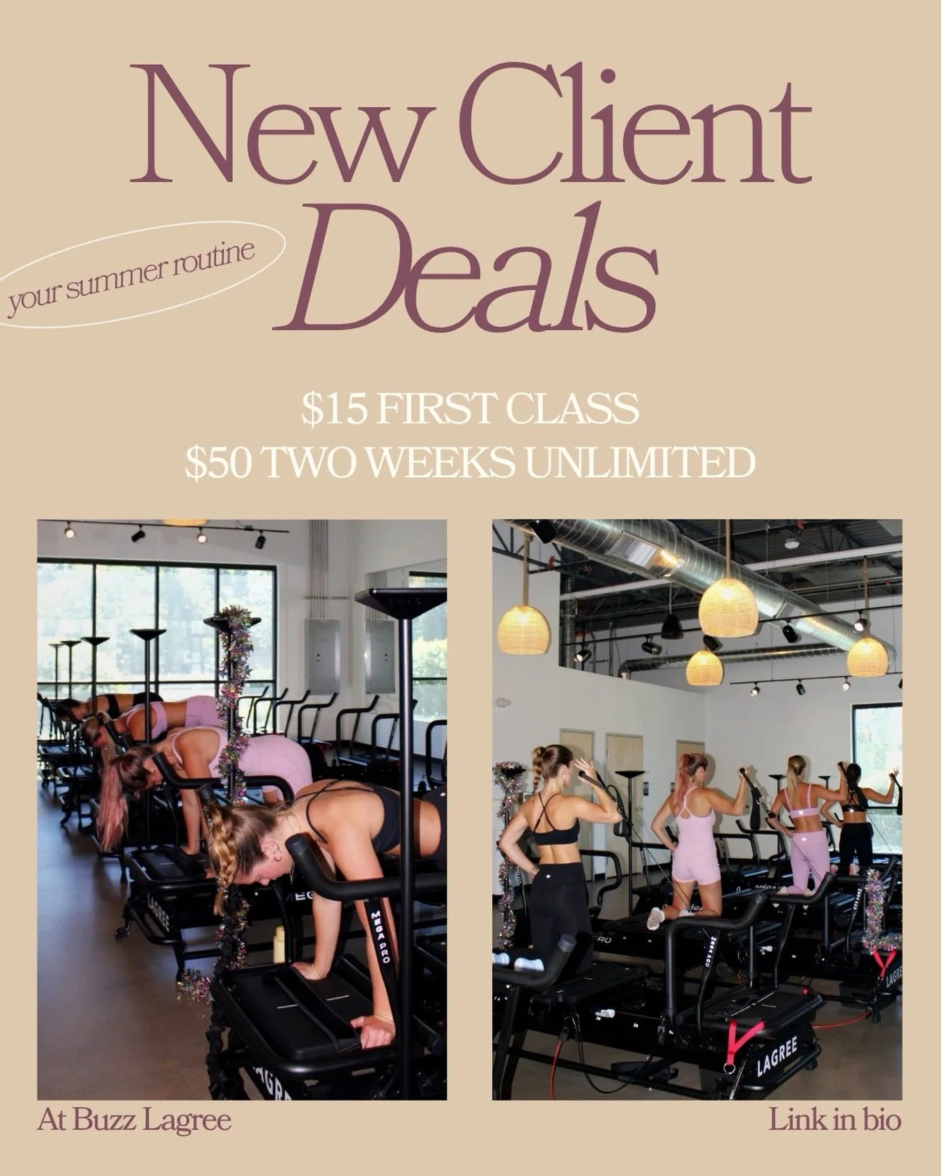Your summer of strength starts at Buzz Lagree 🤎

This season, make time for movement that challenges you, a community that supports you, and a routine that leaves you feeling stronger than ever.

💫 First Class for $15
💫 2 Weeks Unlimited for $50

