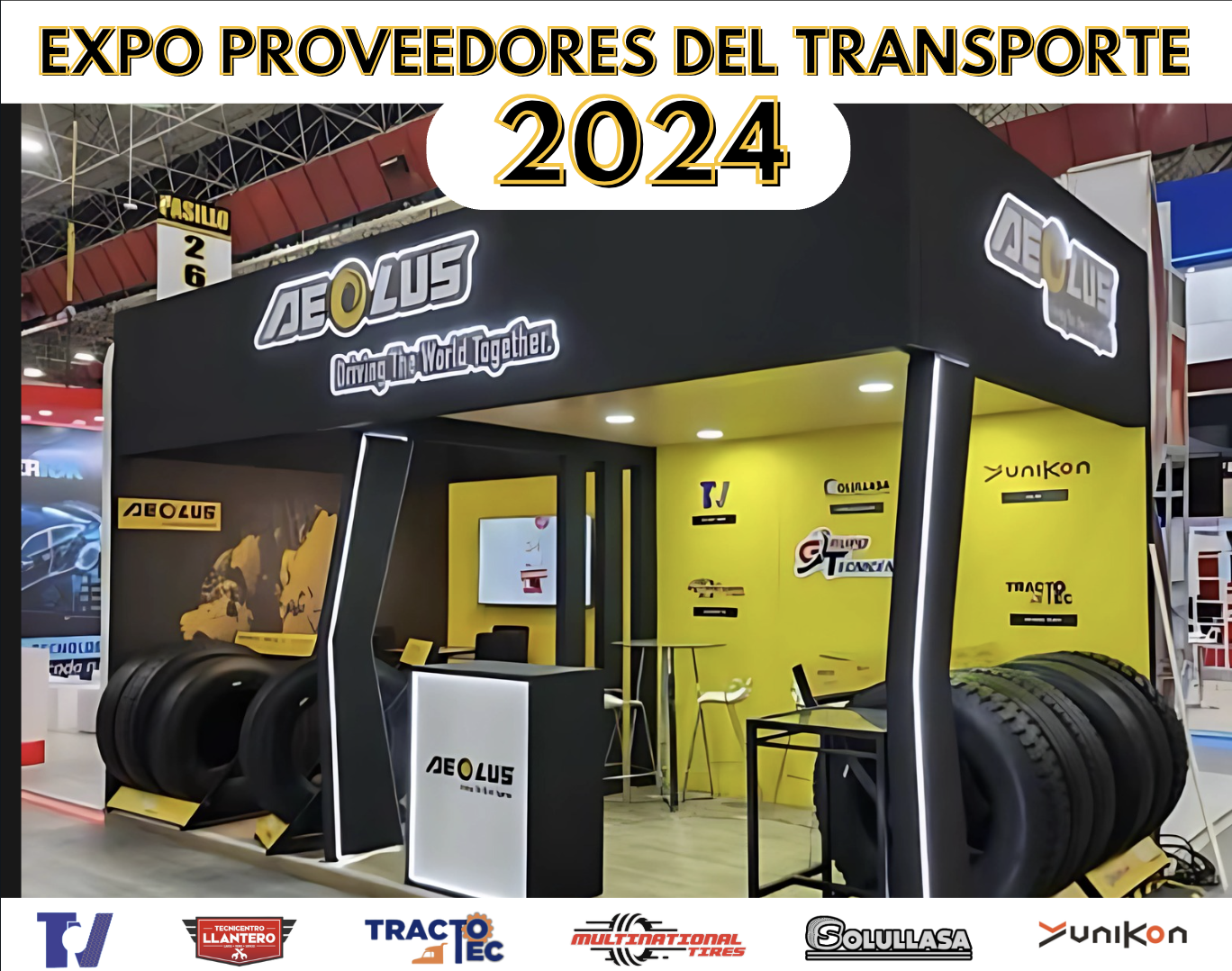 Stand en la Expo Proveedores del Transporte 2024 con neumáticos y logos de marcas de neumáticos en un ambiente de feria.