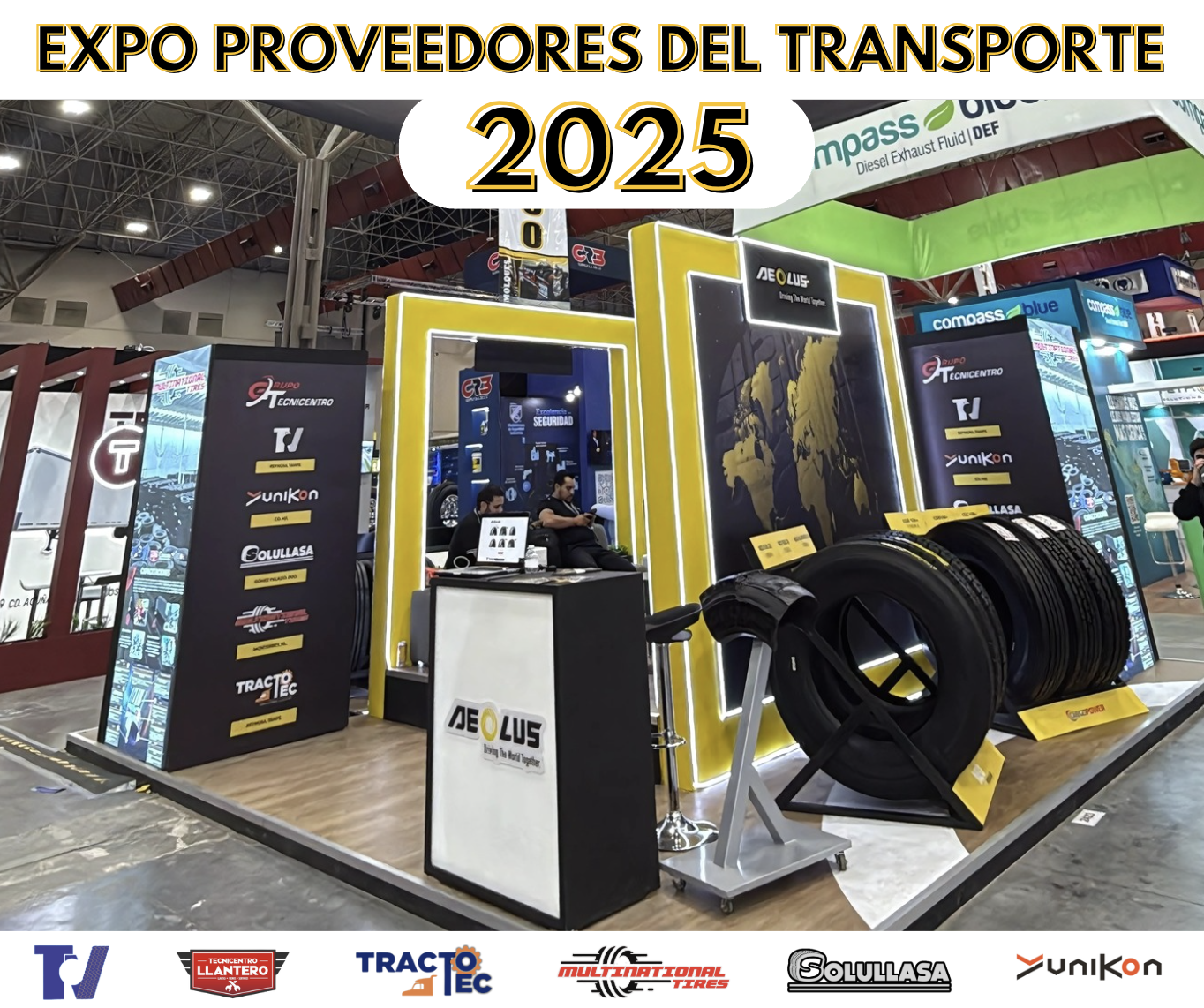 Stand en la Expo Proveedores del Transporte 2025 con exhibición de neumáticos y marcas del sector de transporte y logística.