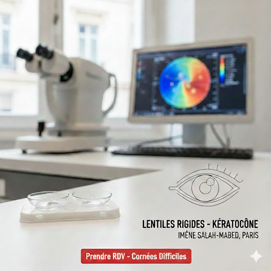 adaptation de lentilles rigides et sclérales pour le traitement du kératocône au cabinet spécialisé du Dr Imene Salah-Mabed à Paris.