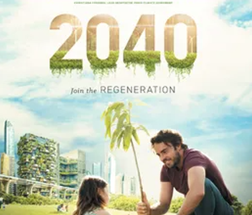 Promotional poster for documentary 2040 - man with plant and a young girl
