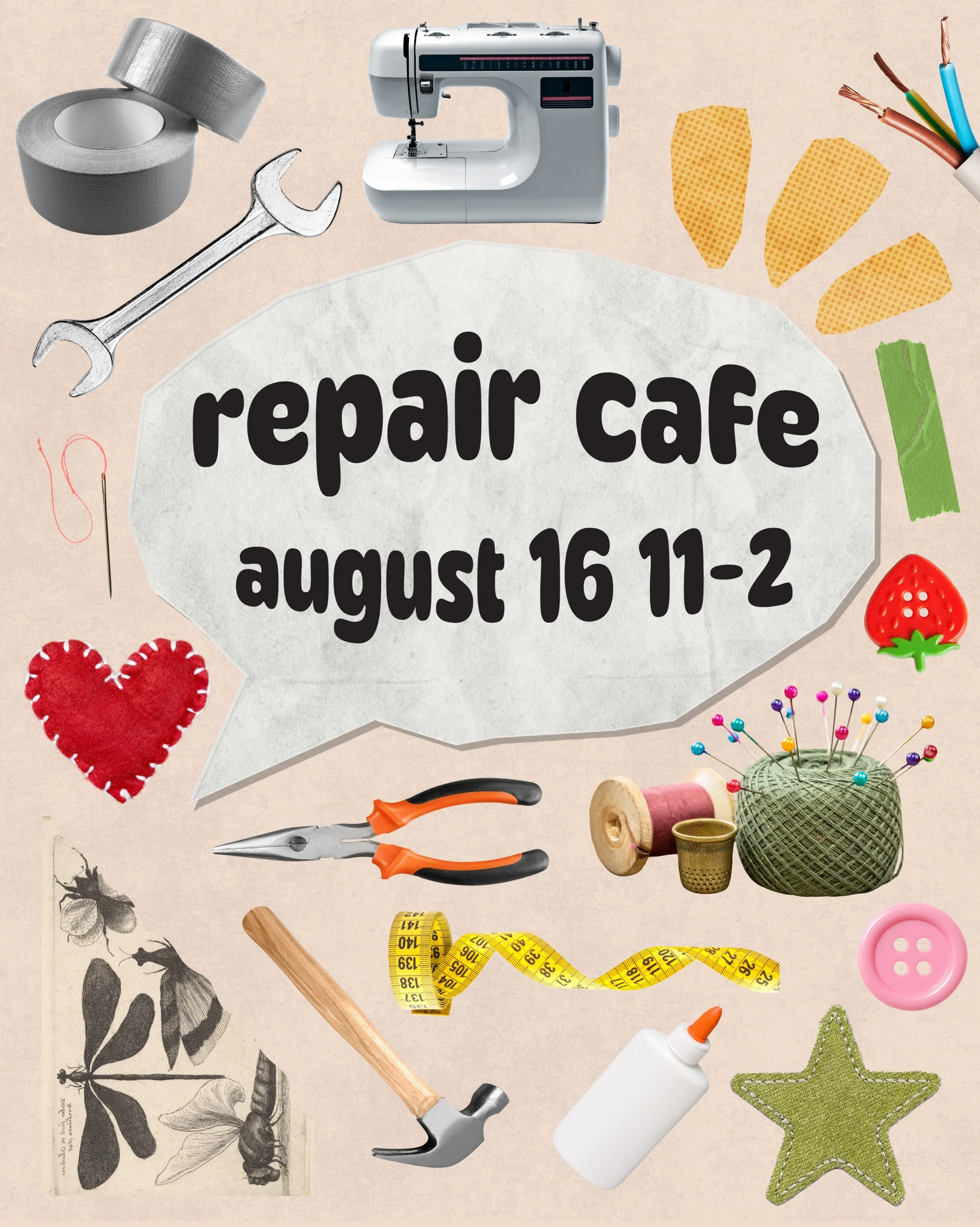 Our upcoming repair cafe is on Sunday, August 16th from 11am-2pm! 

Things to note: 
🧵Volunteers are available on a first-come, first-serve basis. 
🪡 There is no guarantee that your item will be fixed due to limited skills and materials. 
🔧 The re