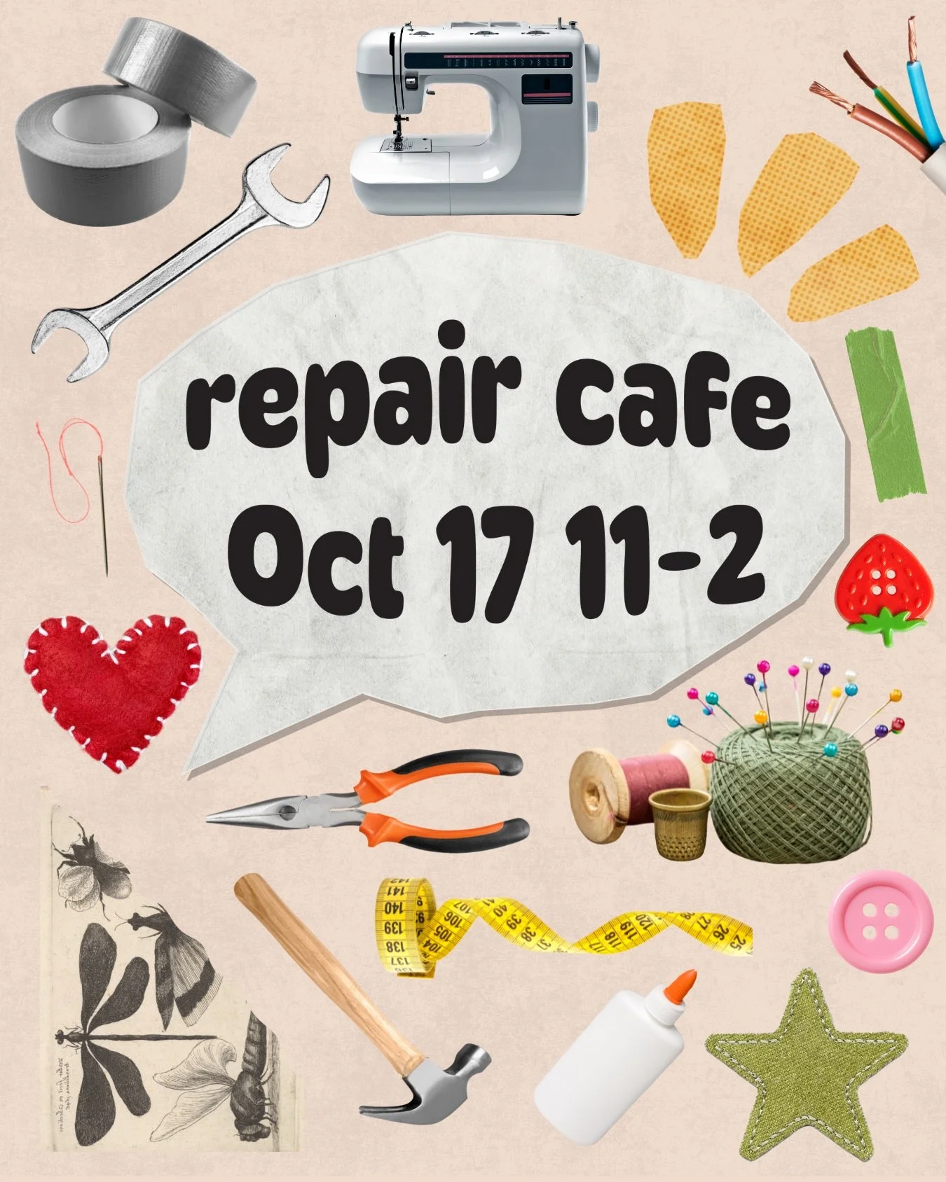 Our next repair cafe is on International Repair Day (October 17th) from 11-2!

Things to note:
🧵Volunteers are available on a first-come, first-serve basis.
☕There is no guarantee that your item will be fixed due to limited skills and materials..
🔨
