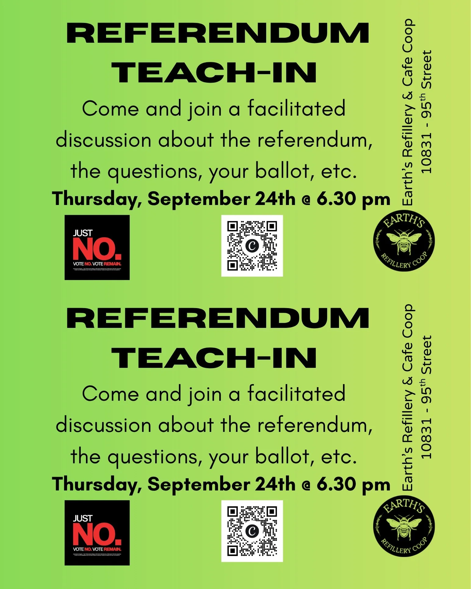 One more month before the referendum.

To help people navigate the special ballot, advanced polling, voting day, the questions, etc Earth's Refillery &amp; Cafe is partnering with @publicinterestalberta and hosting a facilitated discussion.

Come and
