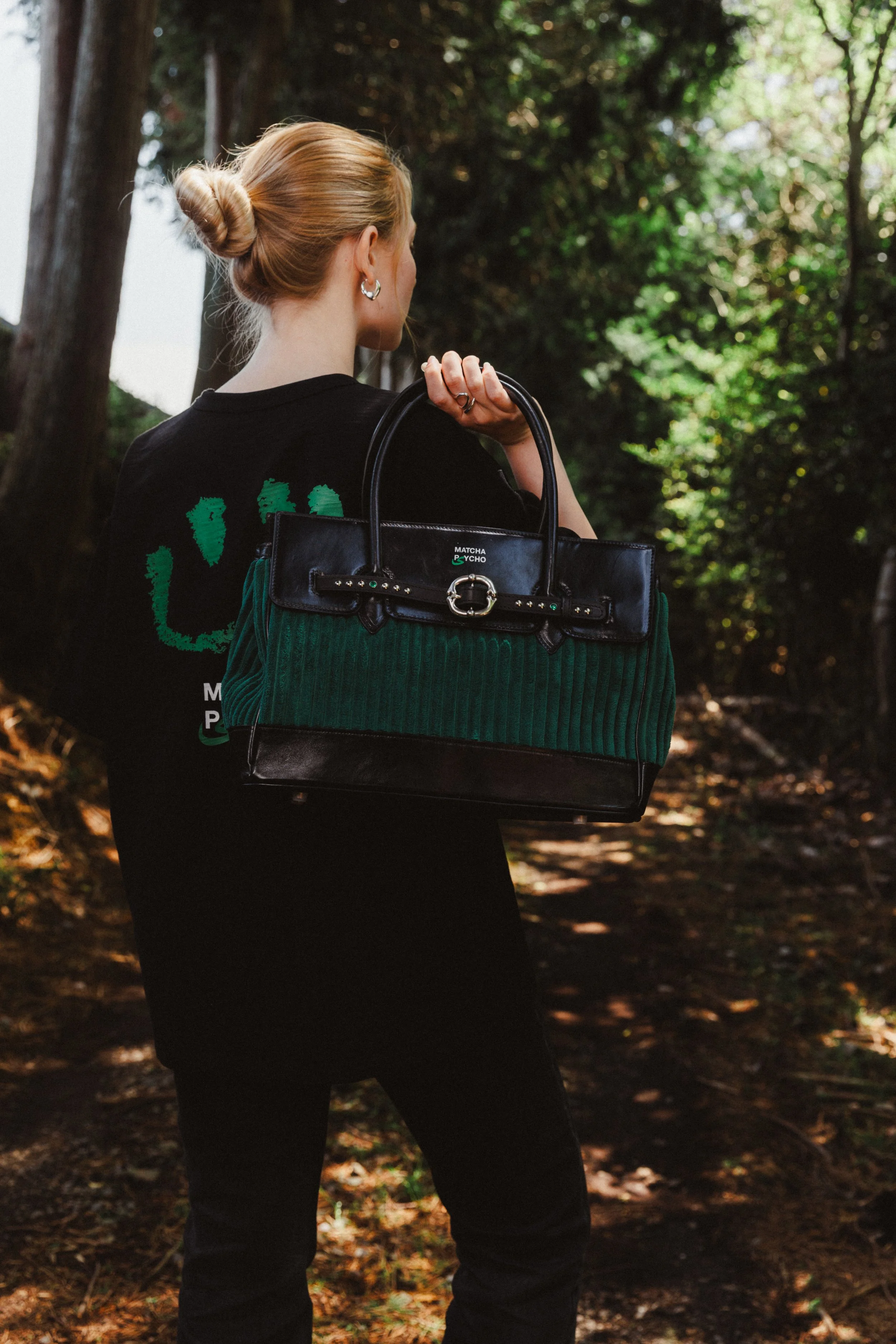 Matcha Psycho mini tote bag in tea field green corduroy and