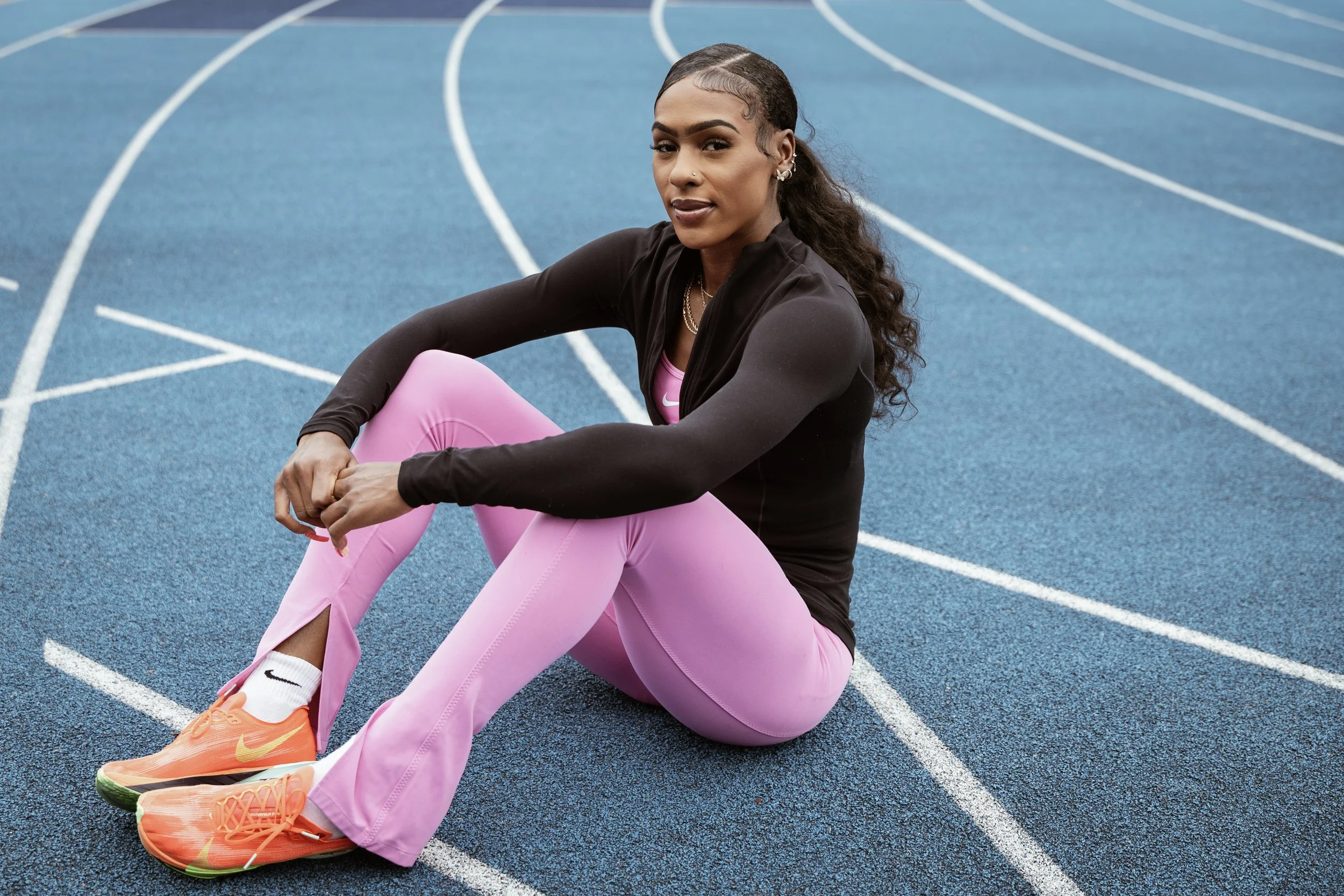 American track and field athlete and Olympic gold medalist Alexis Holmes at the Lane Community College track and field complex in Eugene, Oregon on Friday, June 13, 2025. 