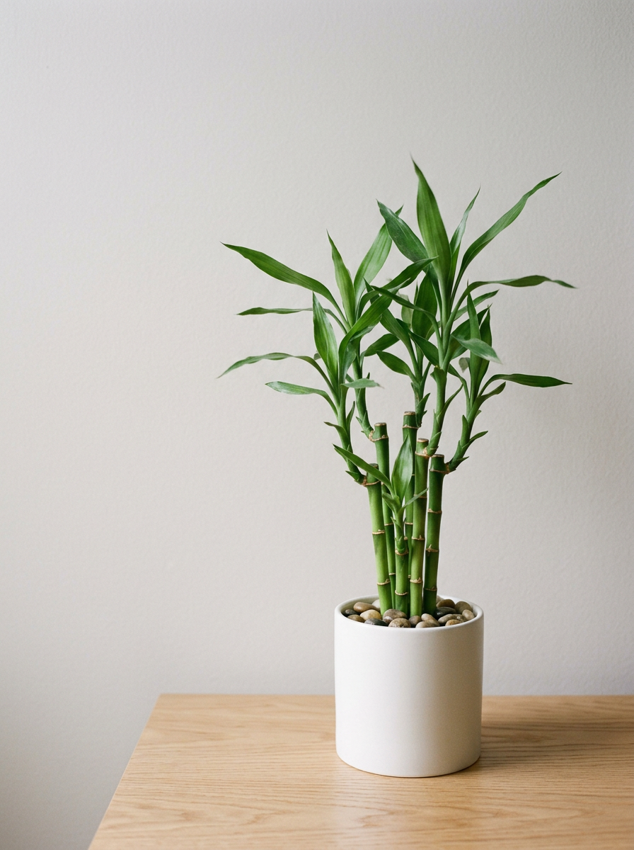 A potted bamboo plant on a wooden surface against a plain white wall.