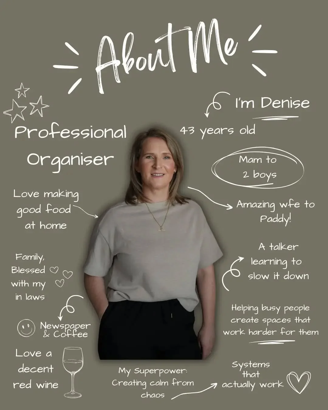 It's tough to sum yourself up in one image, oh I also love the 80s, favourite movie is Dirty Dancing, singer Lionel Richie, I love swimming, friends are everything and my happy place is home. 

I'm Denise, founder of Organised Home and Business, an O