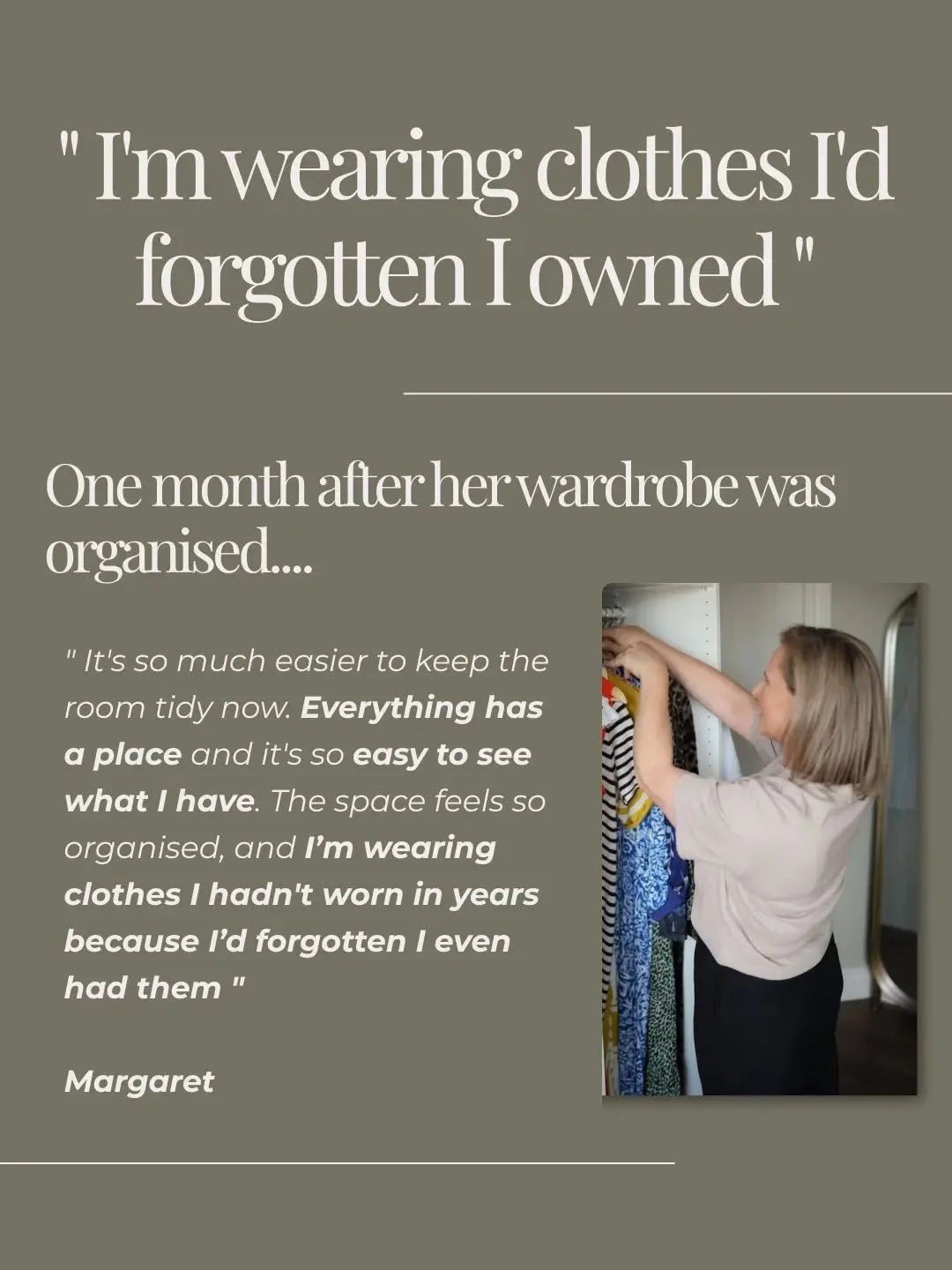 When I organise a wardrobe, the goal isn't for it to look pretty for just a few days.

It's about creating a SYSTEM, so you can see what you have, find what you need and actually keep it that way.

And one month later, my client gave some fabulous fe