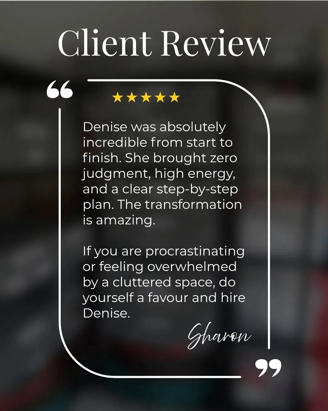 Another 5 star review from a fabulous client. 

I hired Denise from Organised Home and Business to help me tackle my attic, which had become a dumping ground for holiday decor and random storage. 

Denise was absolutely incredible from start to finis